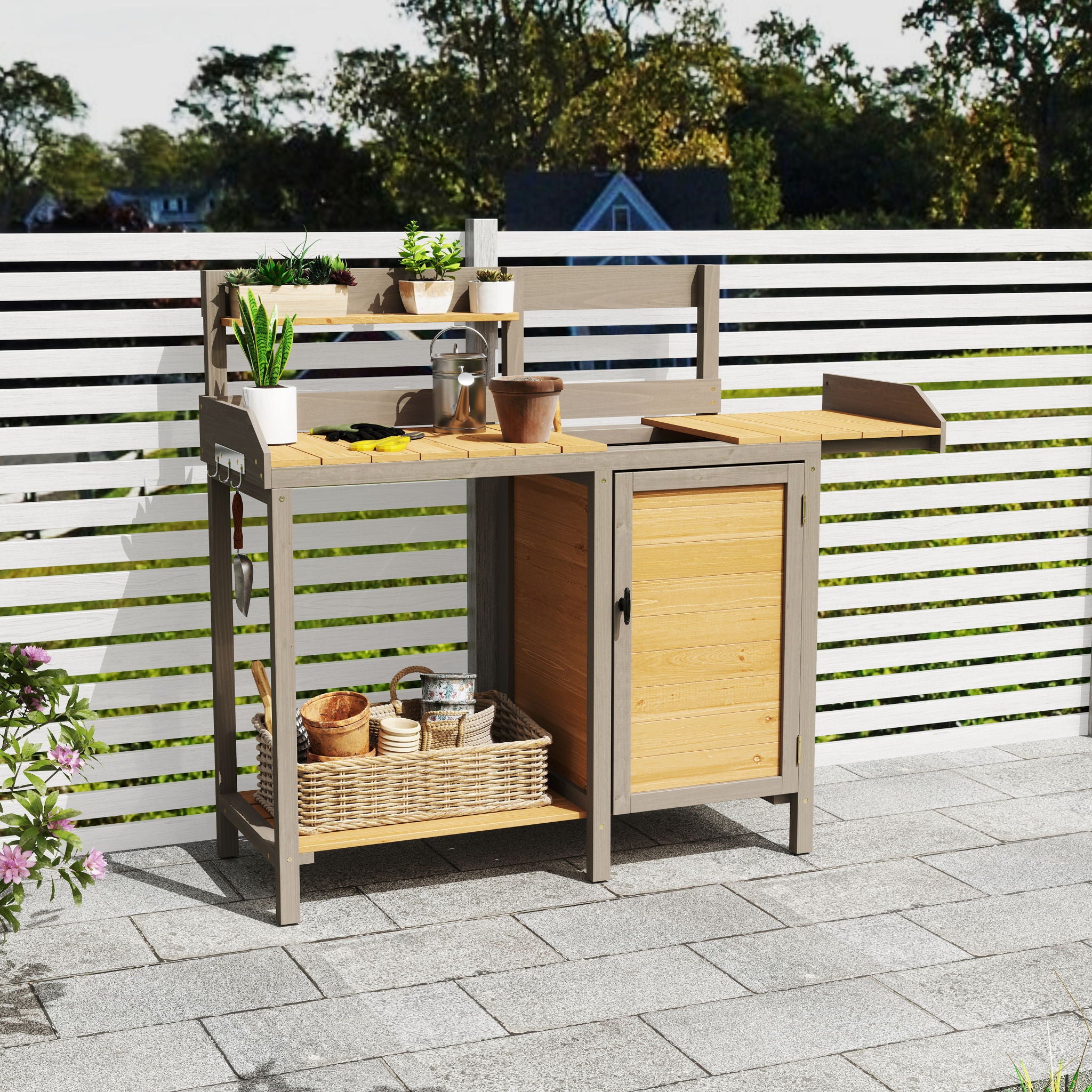 Outdoor Potting - Bench, Workstation Table With Cabinet For Backyard Garden Supplies - Brown / Gray