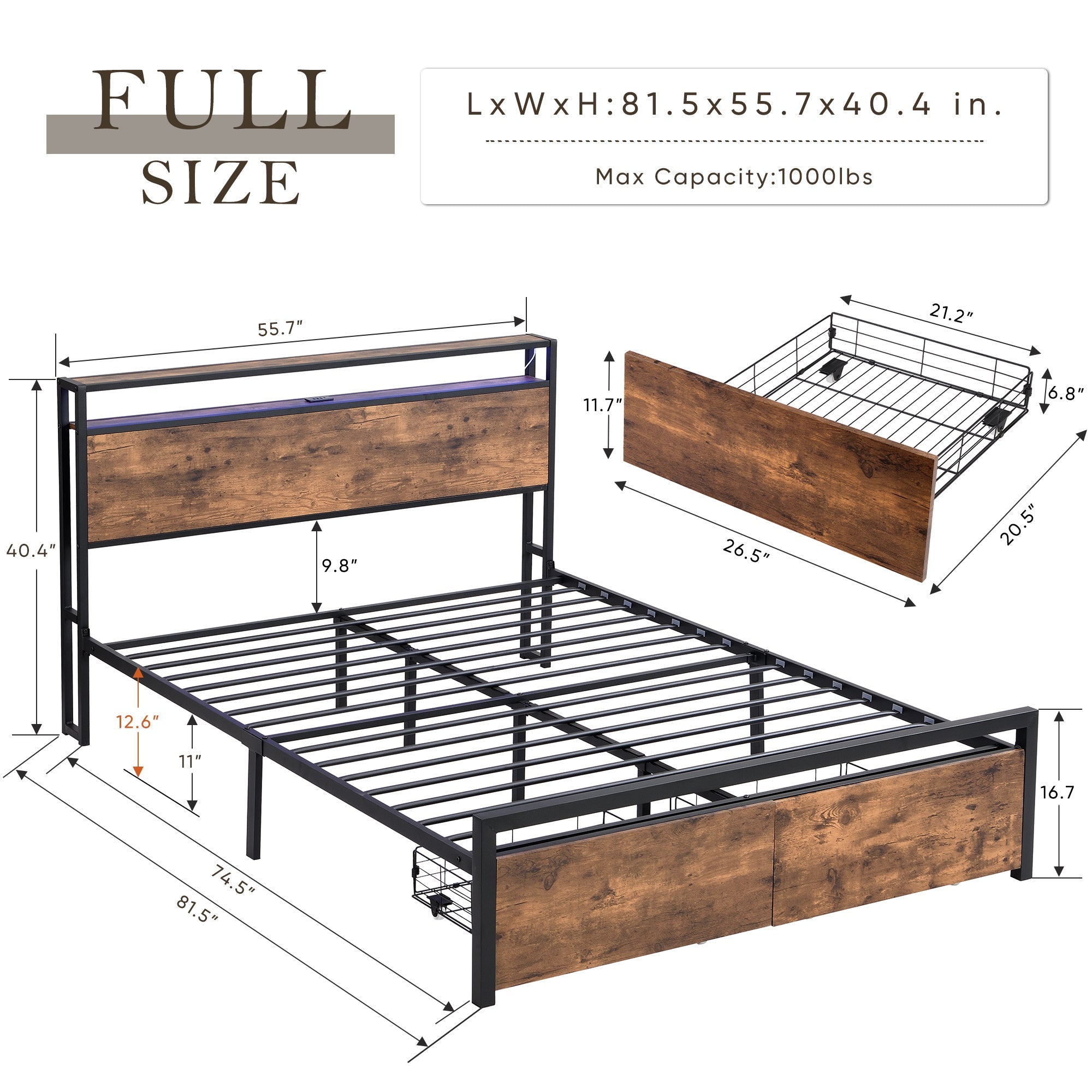 Bed frame with storage, led headboard, drawers & usb port