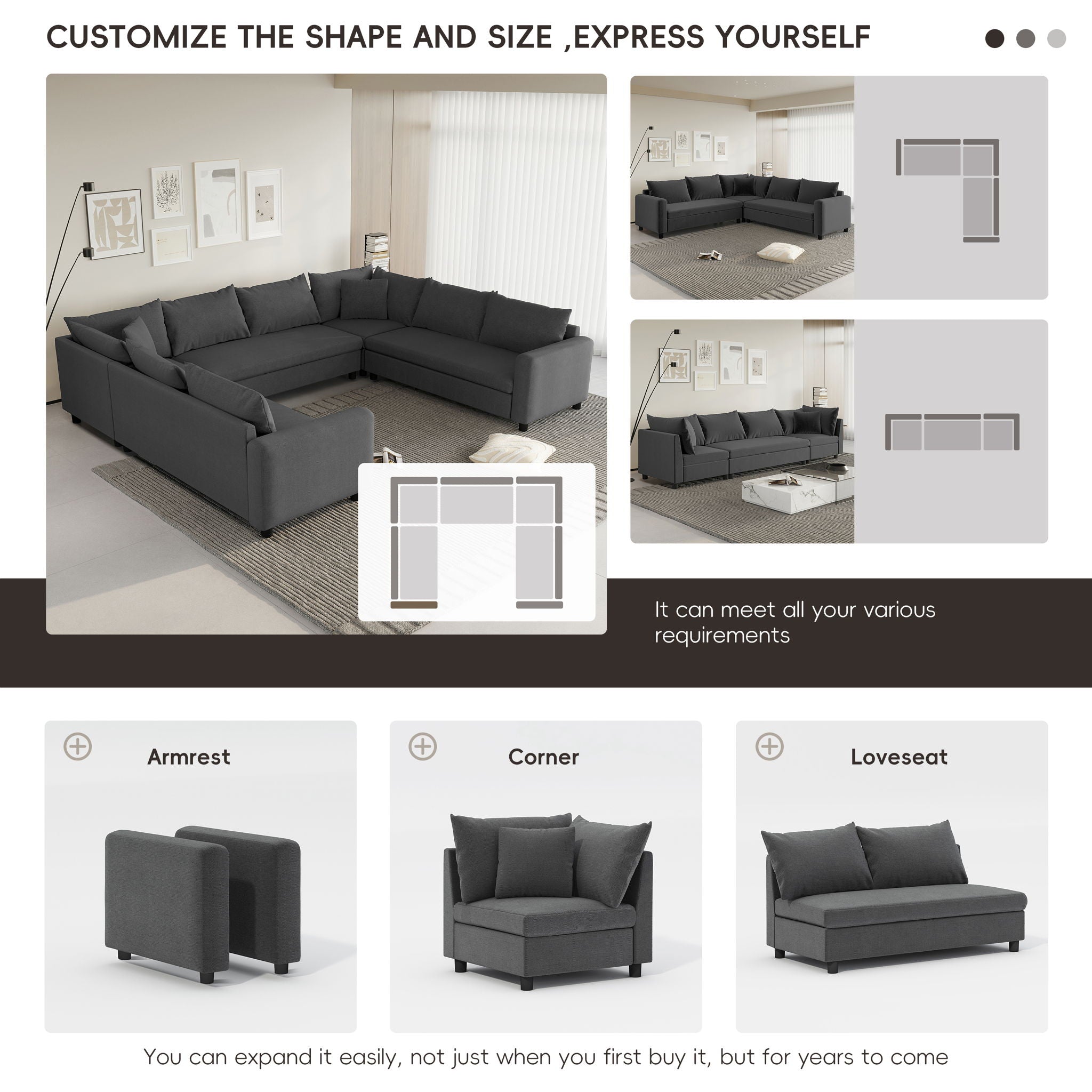 Modular Sectional Reversible U Shaped Couch Set, Free Combination Minimalist Style, Oversized 8 Seat Convertible Sofa - Best Buy Furniture