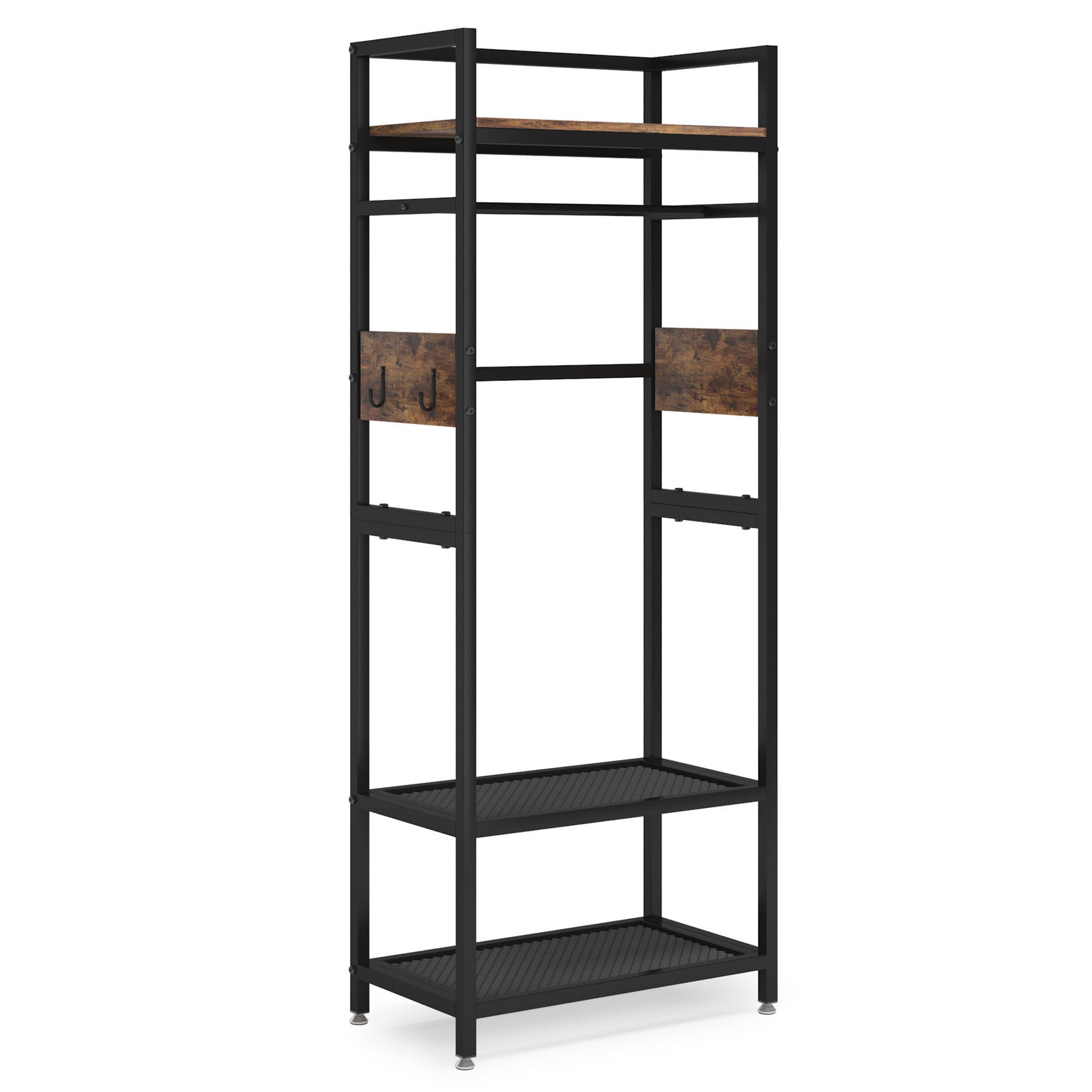 Rack With Hanging Rod, 4 Hooks, Heavy Duty Freestanding Closet Organizer - Brown / Black