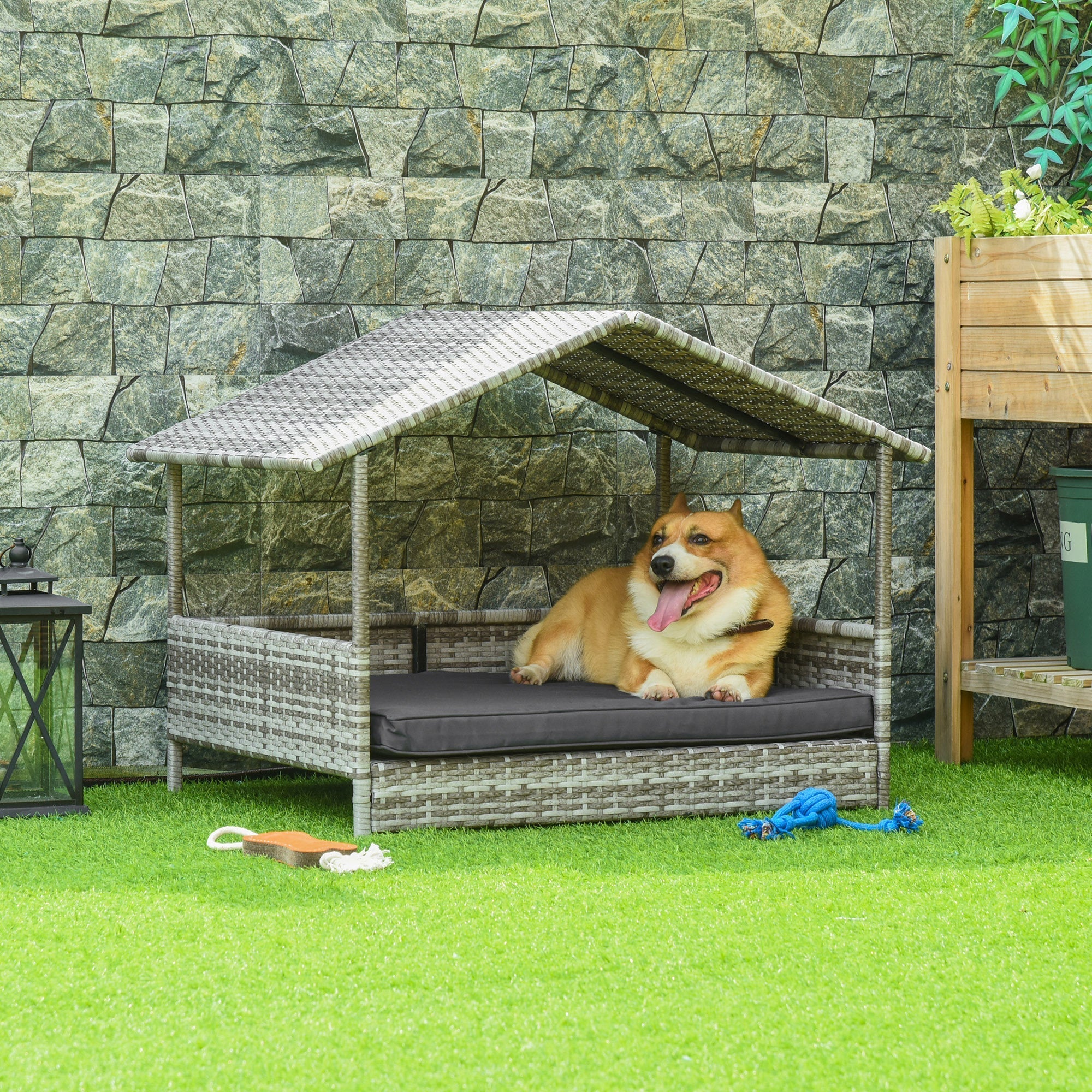 Wicker Dog House Outdoor with Canopy and Water-Resistant Cushion