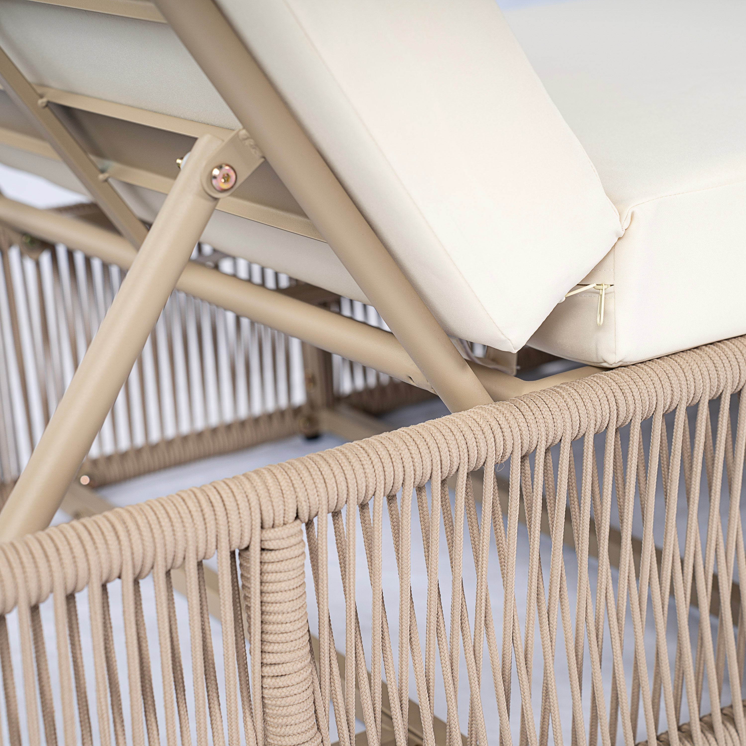 Beige and White Adjustable Sunlounge with Woven Rope Base