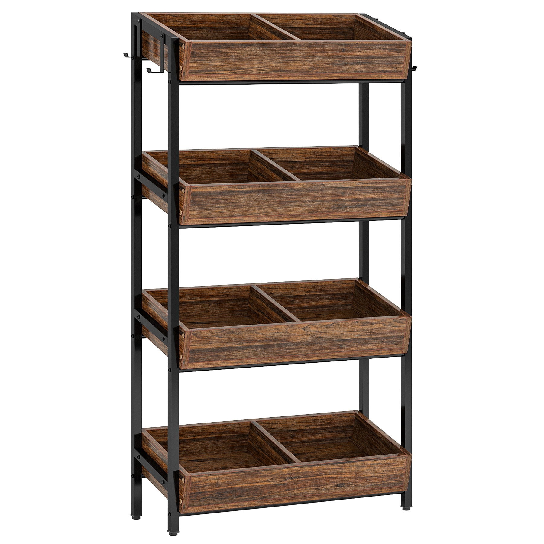 4 Tier Retail Display Rack With Hooks, Tall Metal Snack Stand With Shelves - Brown / Black