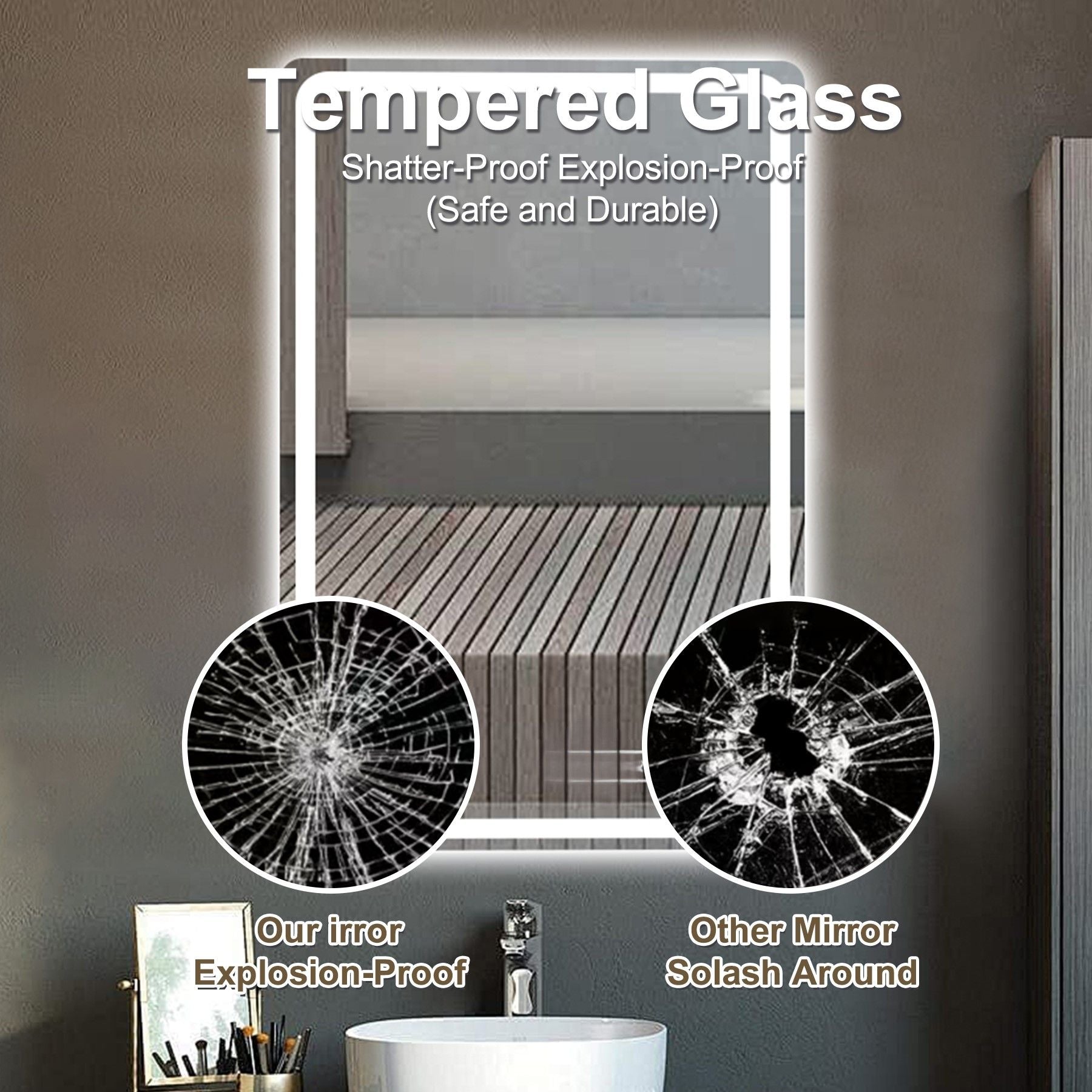 LED Bathroom Mirror, Anti Explosion Glass, Rust Resistant, Anti Fog, Tri Color