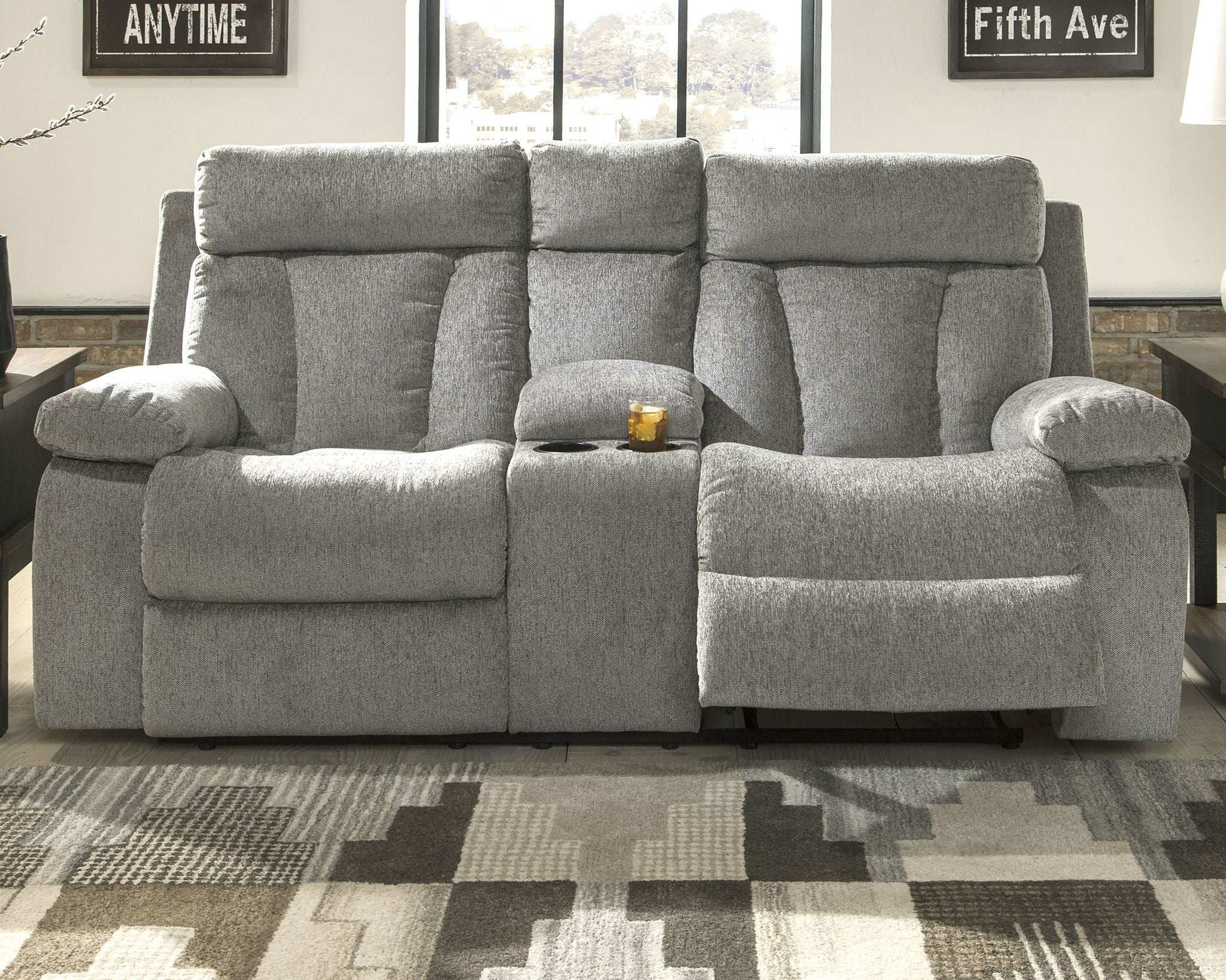 Mitchiner - Fog - DBL Rec Loveseat w/Console