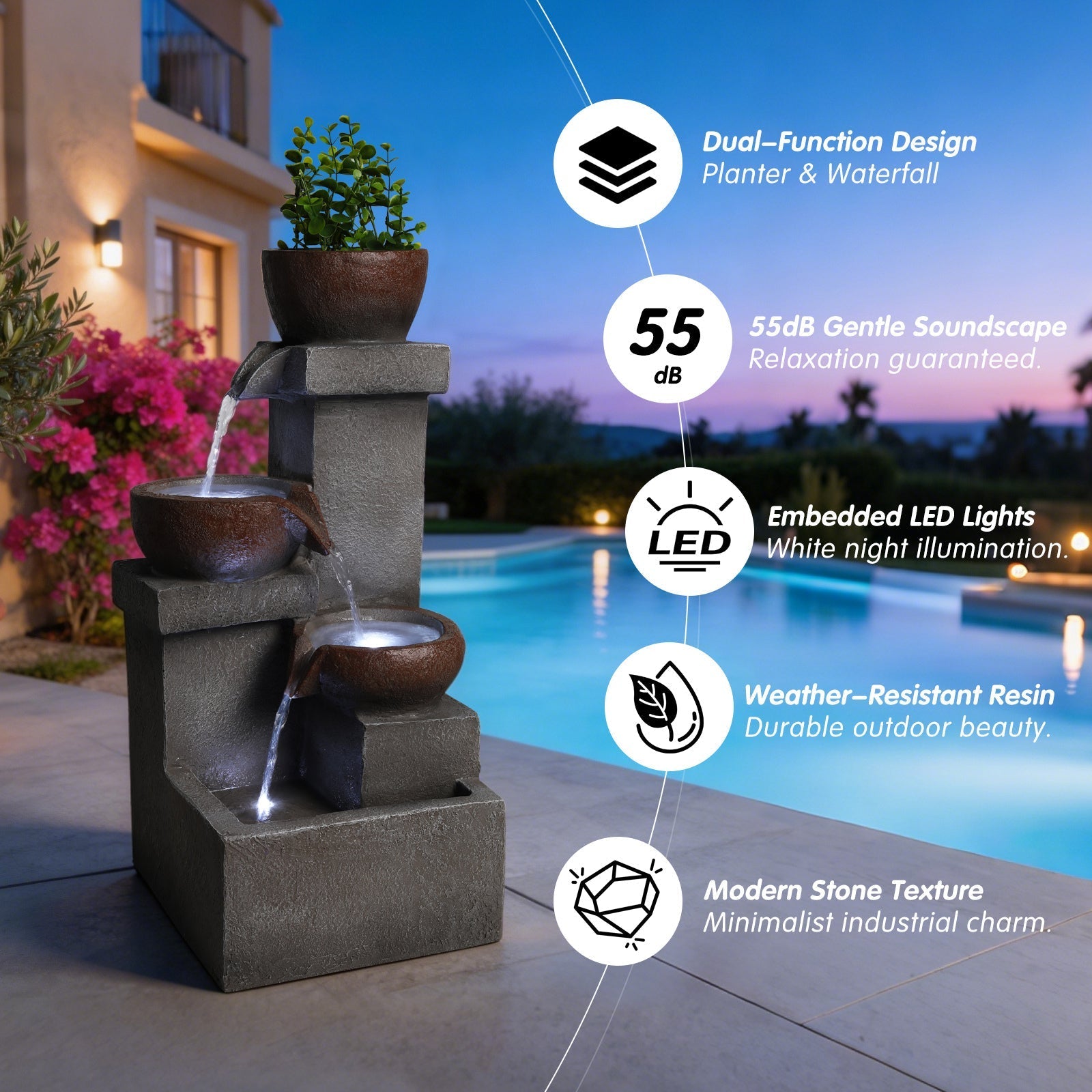 Outdoor Water Fountain Tiered Cascading Jar Waterfall Resin Garden Patio Decor with LED Lights