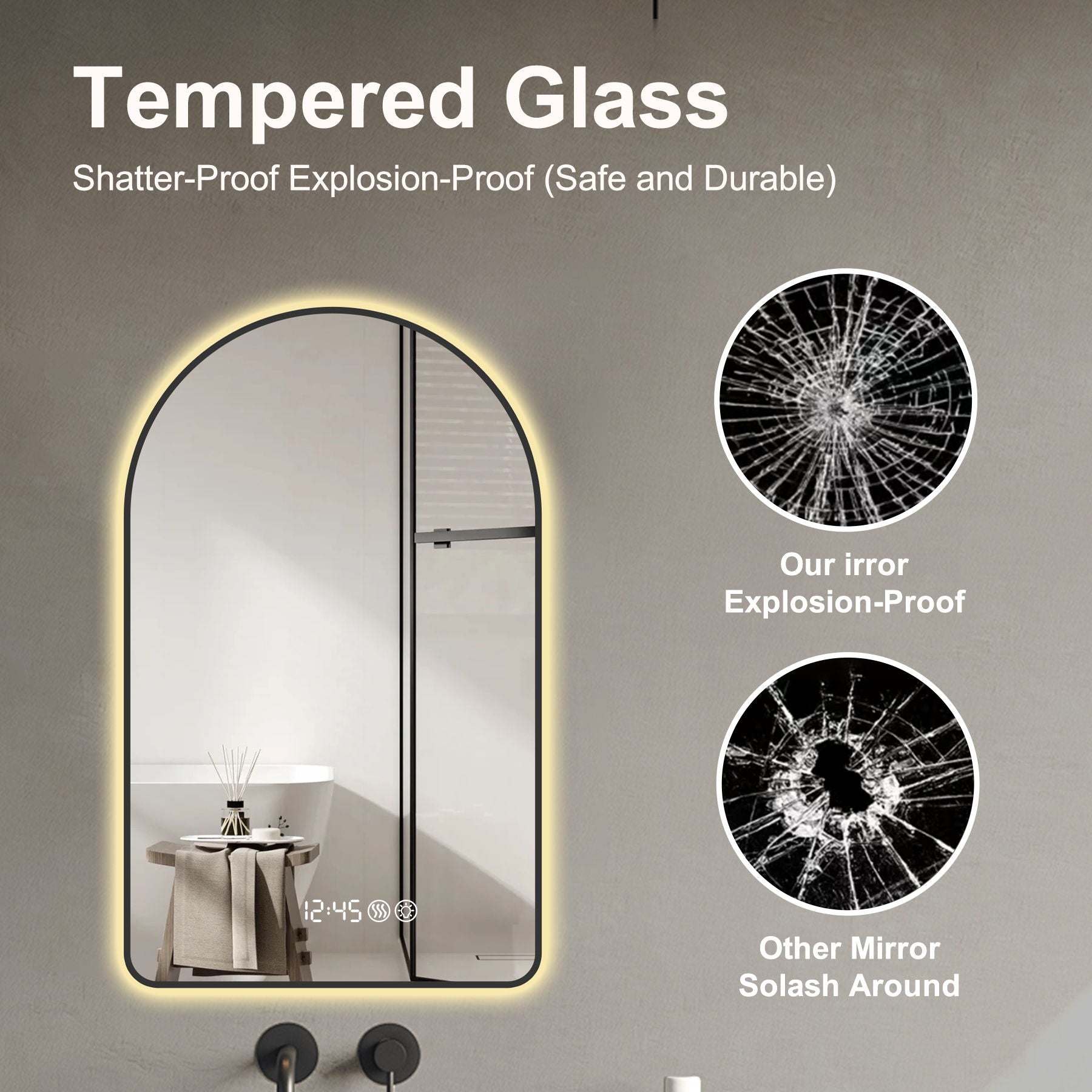 Modern Arched LED Bathroom Mirror With Time And Temperature Display, Anti Fog, Dimmable Light - Black - Best Buy Furniture
