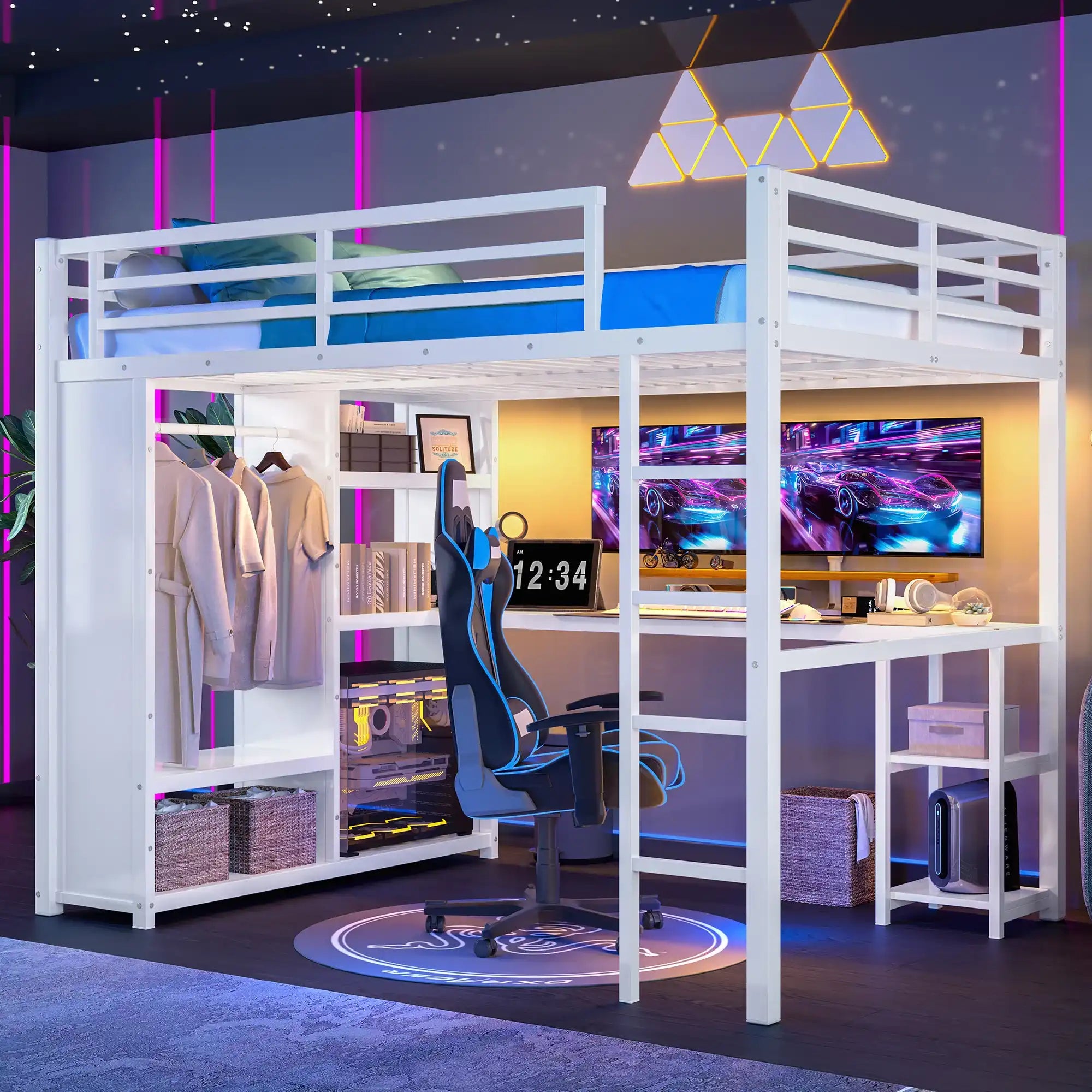 Queen Loft Bed Frame with Desk, Wardrobe & Storage Shelves, White