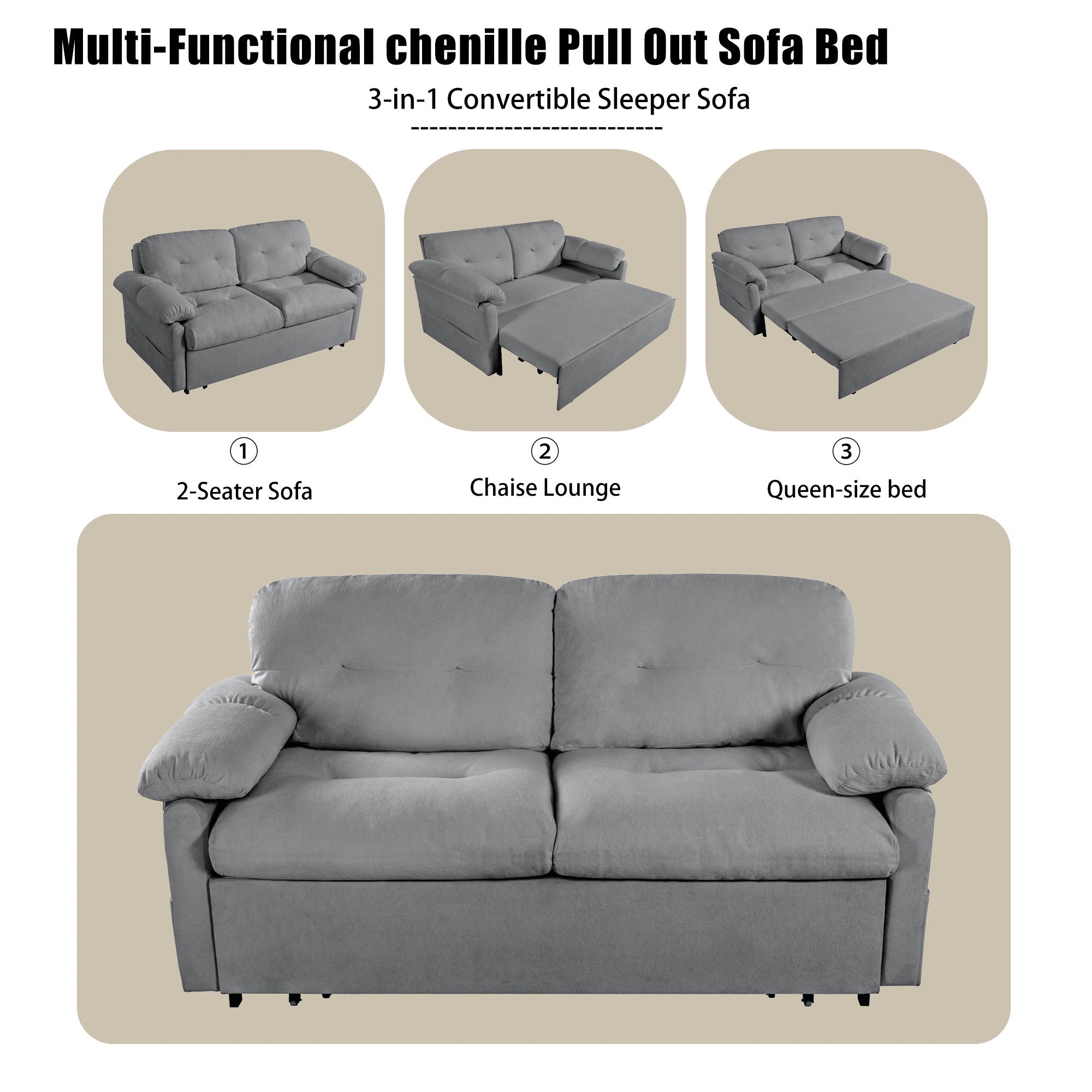 Convertible Pull Out Sofa Bed Queen Size, 3 In 1 With Side Storage