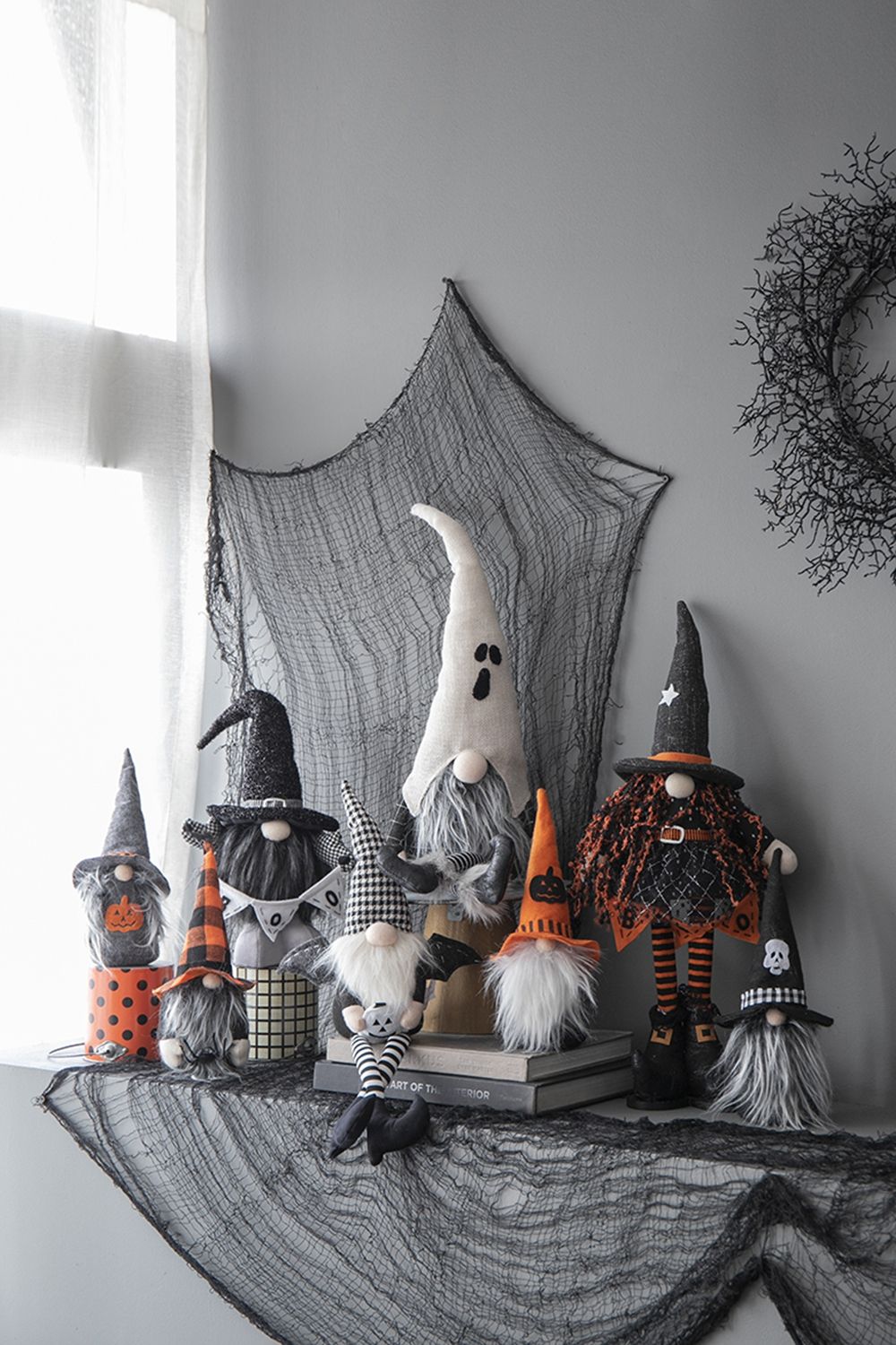 Sitting Gnome With Ghost Hat, For Halloween Decor - Black White