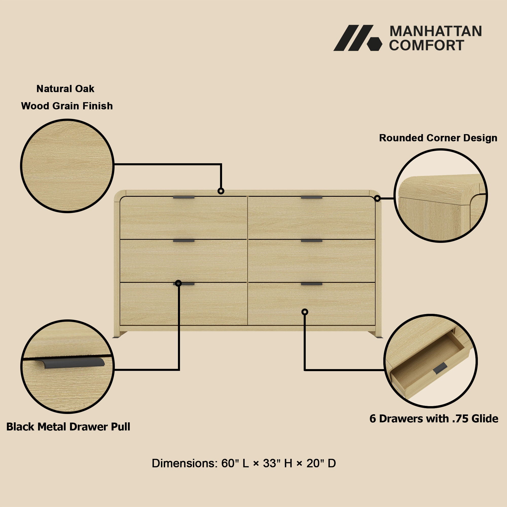Grace - Dresser With 6 Drawers - Oak