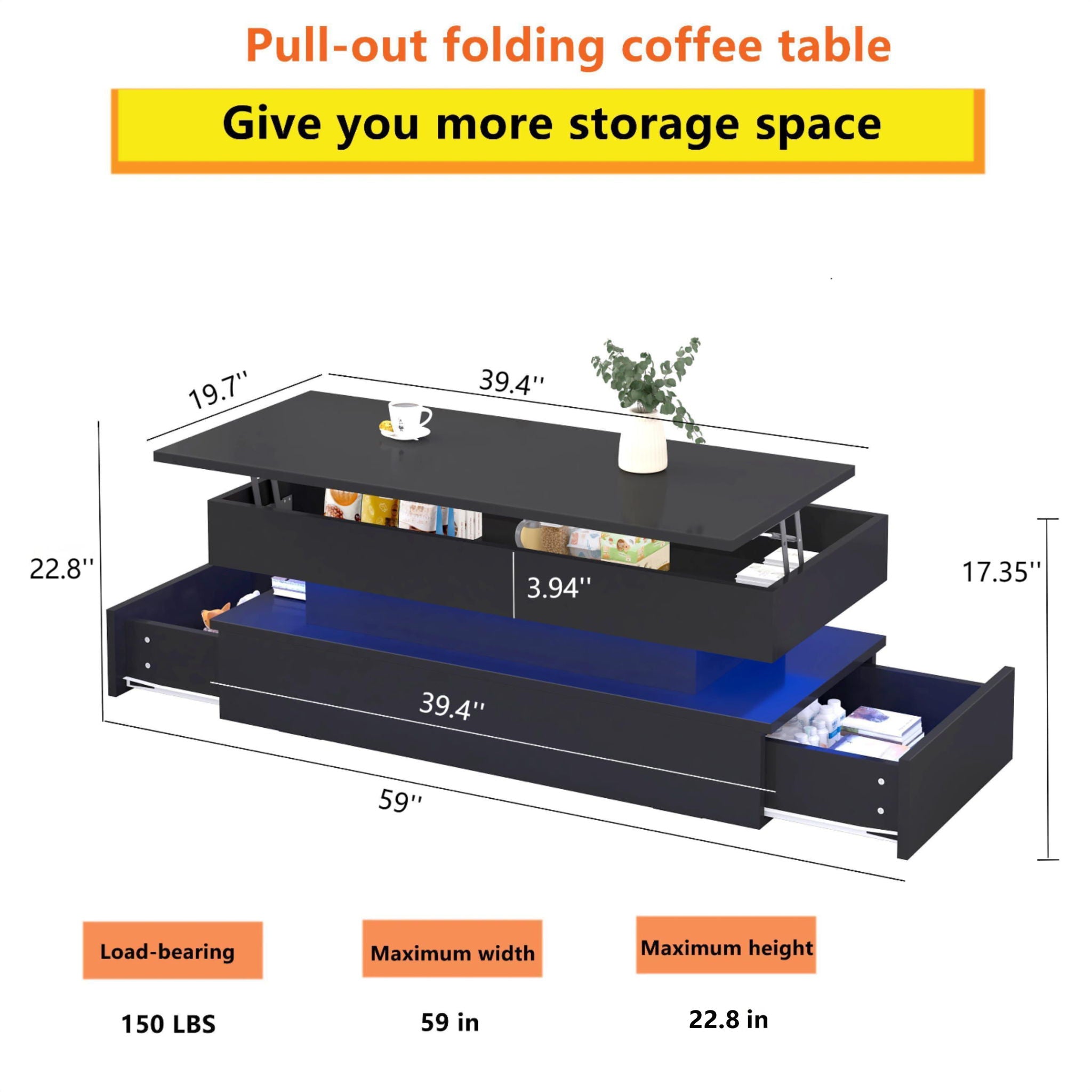 Contemporary Foldable Coffee Table With Drawers And LED, 3 Tier Design