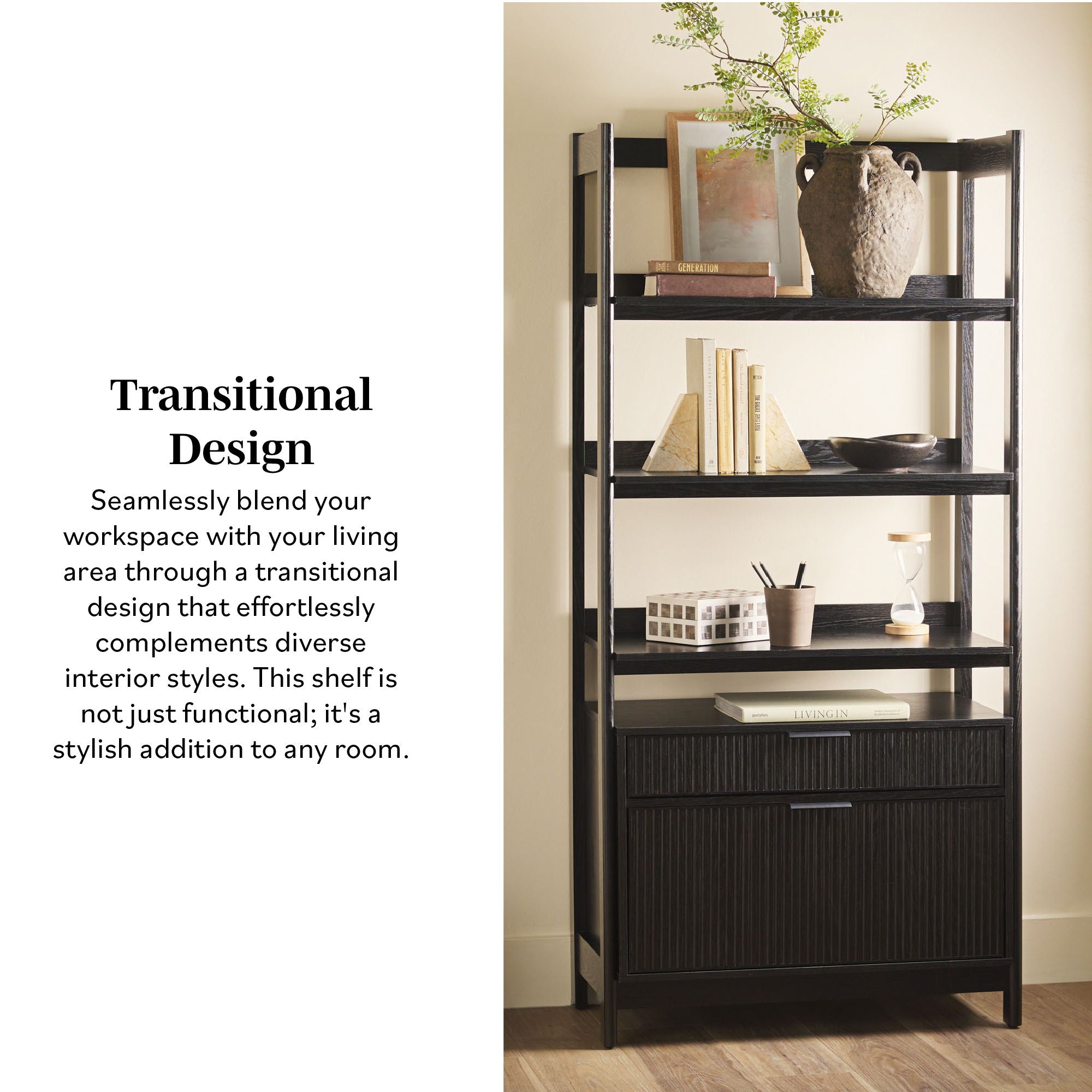 Transitional Wide Reeded Bookshelf With Drawers On Bottom