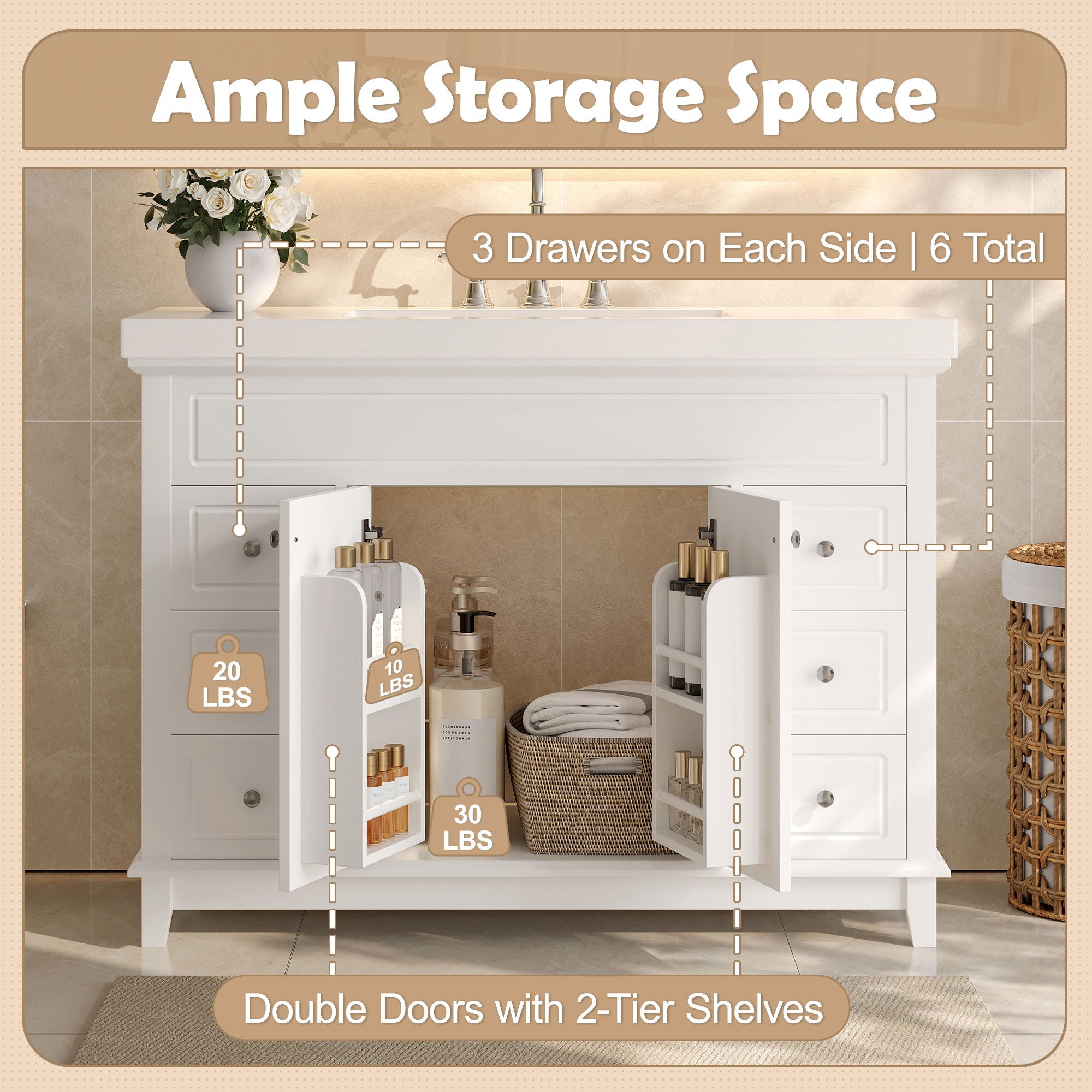 Bathroom Vanity With Sink, 6 Soft Close Drawers & Double Doors - White