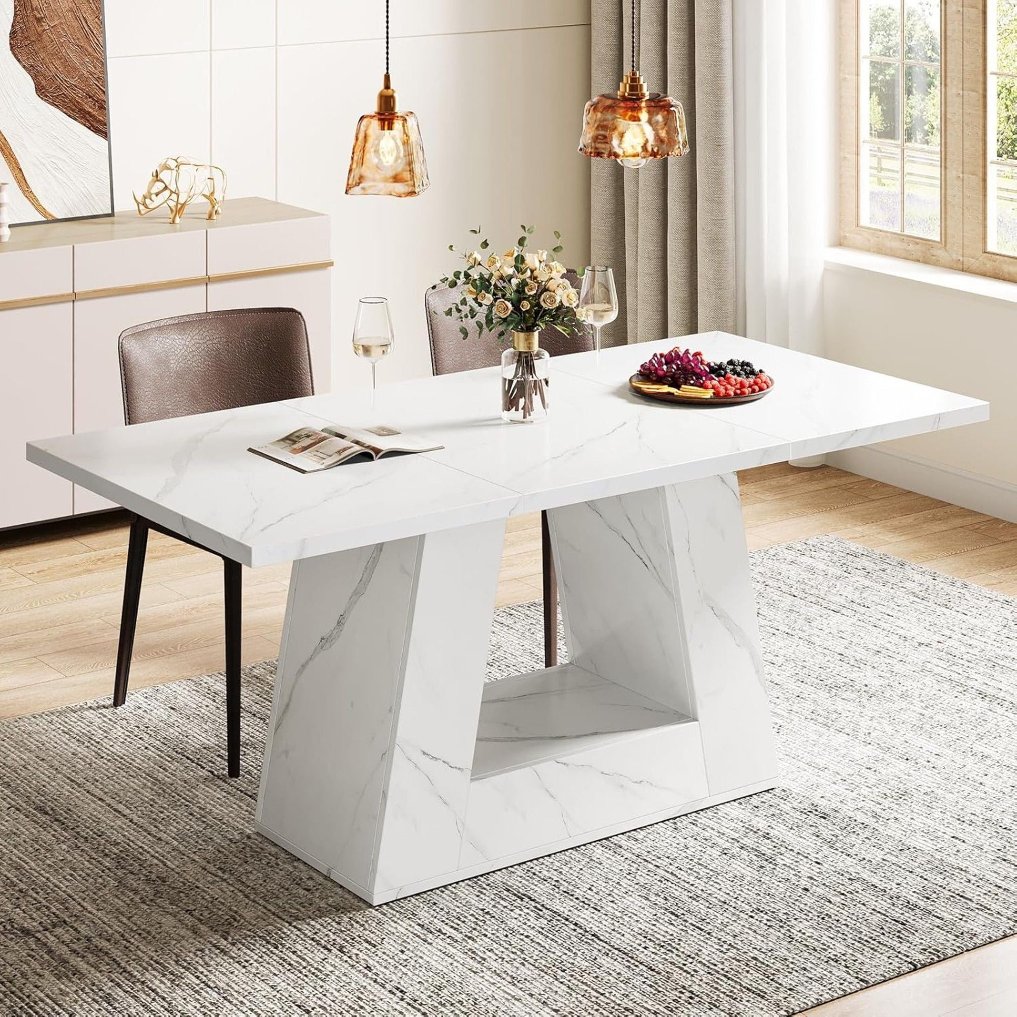 Dining Table For 4 To 6 People, With Trapezoid Base For Dining Room - White