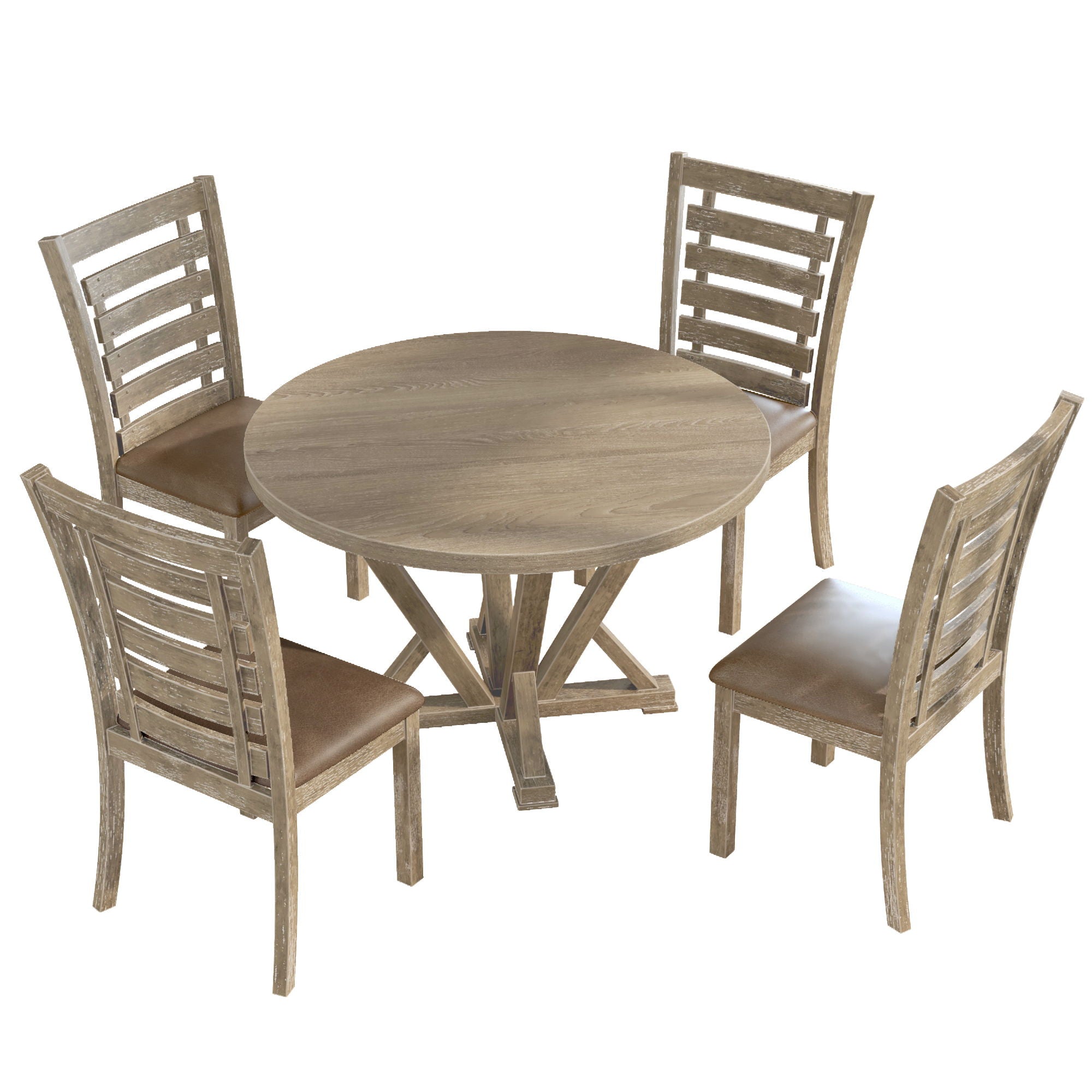 Modern Farmhouse Round Dining Table Solid Wood Rubberwood Antique Finishing Rustic Look Distressed Look Wire Brushed For 4 Seaters - Grayish Brown