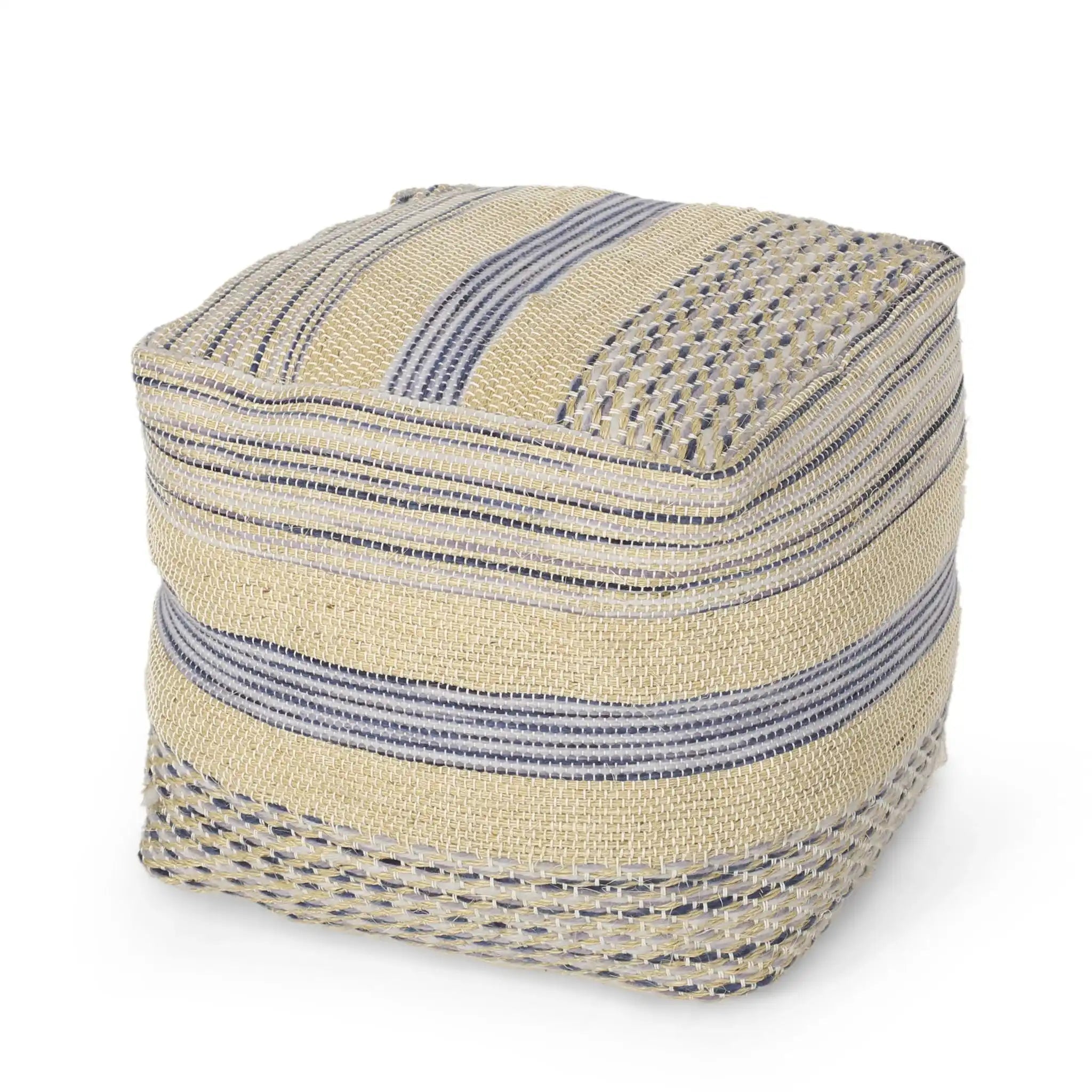 Western Handcrafted Fabric Pouf Durable Natural and Blue