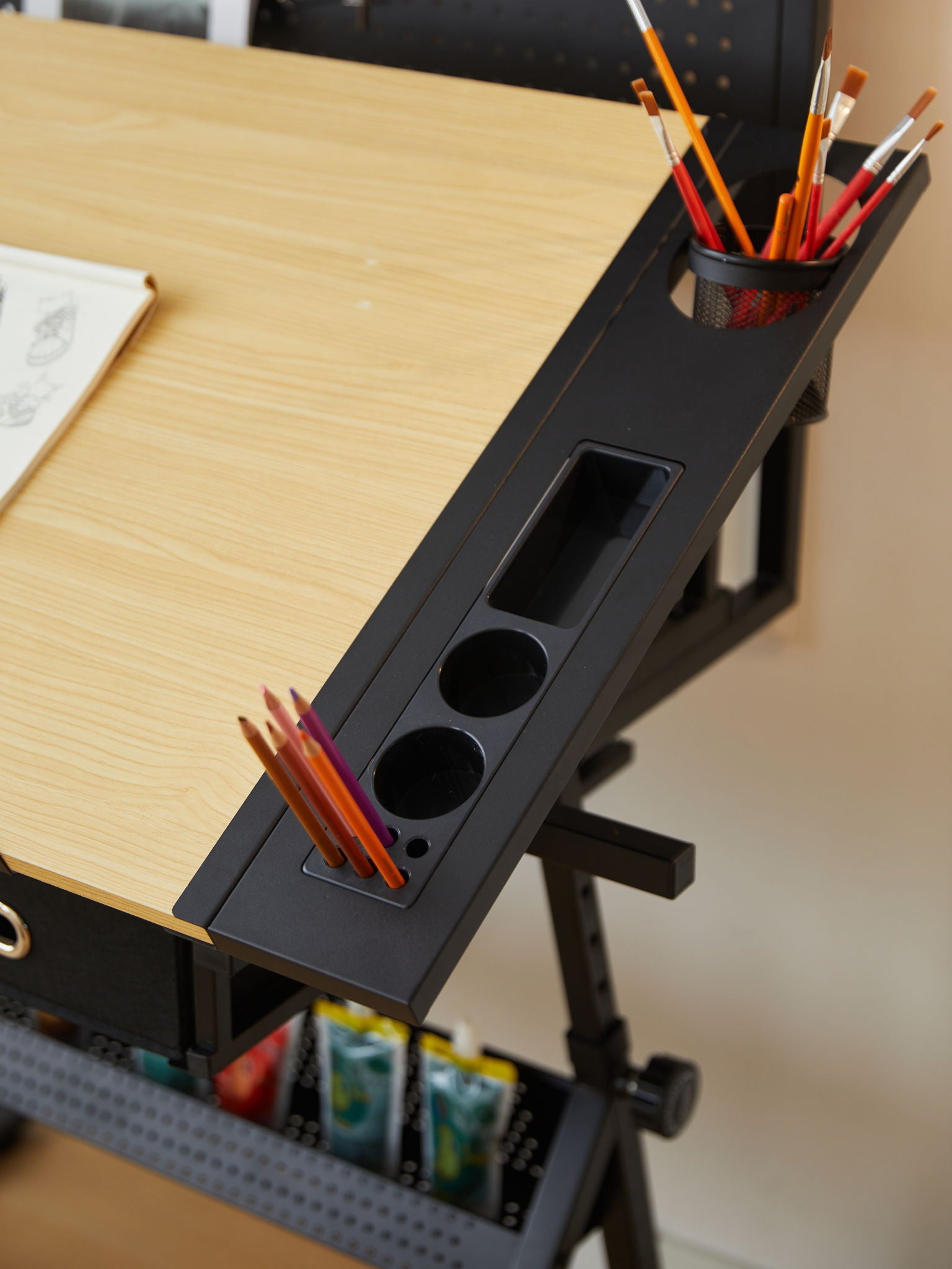 Drafting Table With Metal Perforated Board Pannel - Black / Brown - Best Buy Furniture