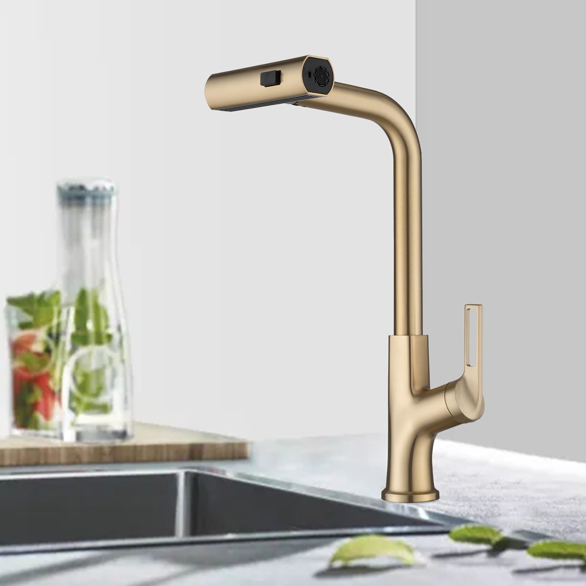 Kitchen Waterfall Faucet With Pull Down Sprayer, Single Handle, 360 Degree Rotating Zinc Alloy - Brushed Gold