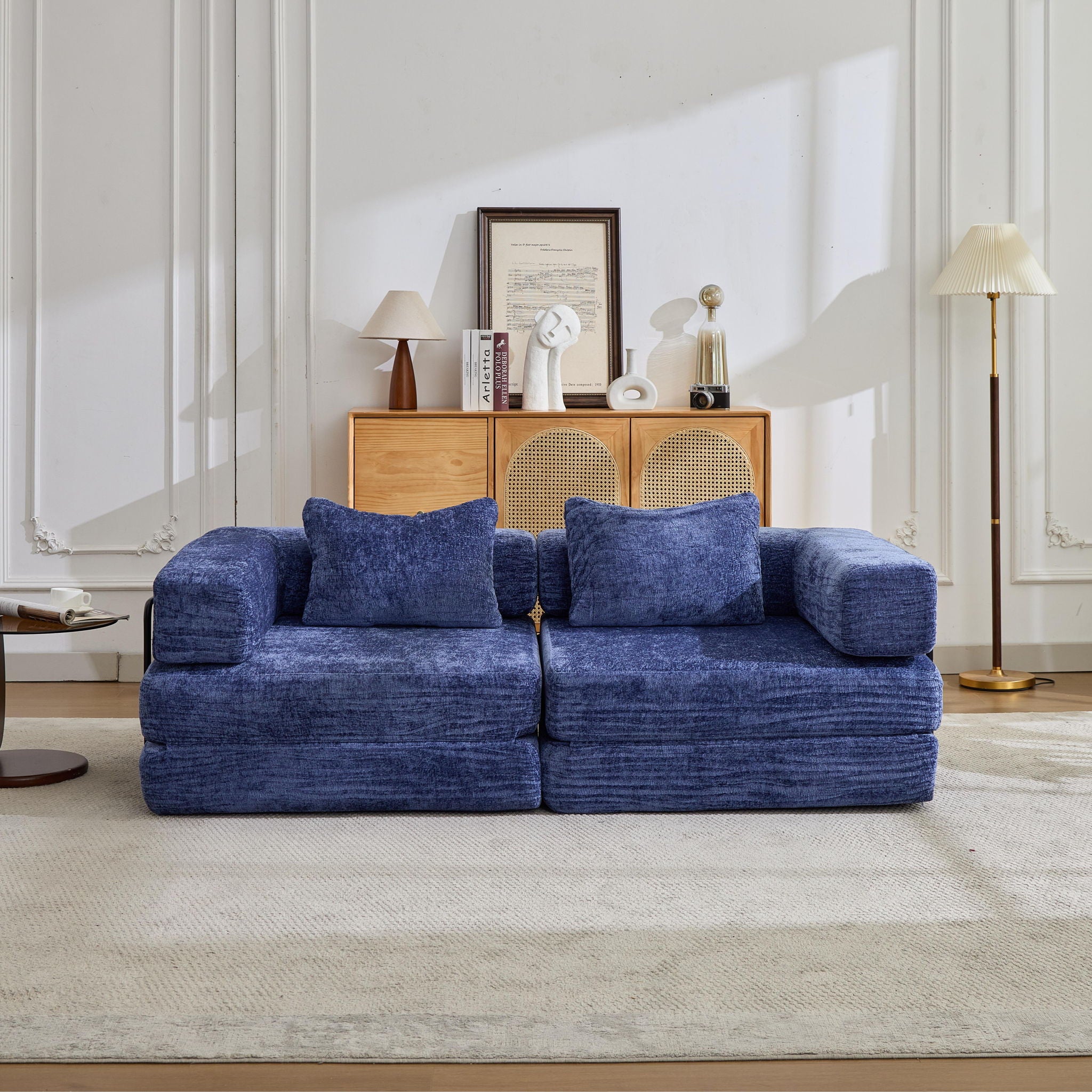 Convertible Floor Sofa Bed With Fixed Shape Frame, Loveseats Boneless Modular Sectional, For Living Room - Dark Blue