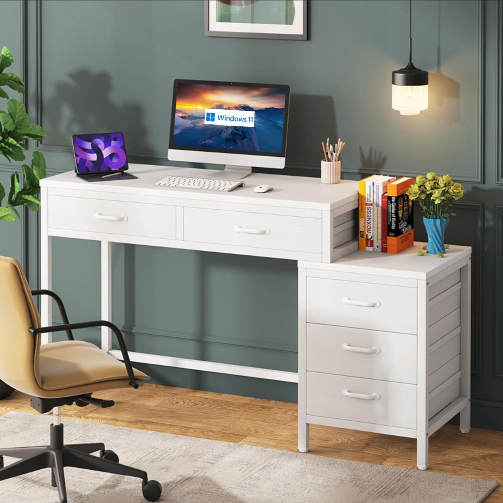 Computer Desk With Reversible 5 Drawer Storage, Frame Writing Table For Small Spaces