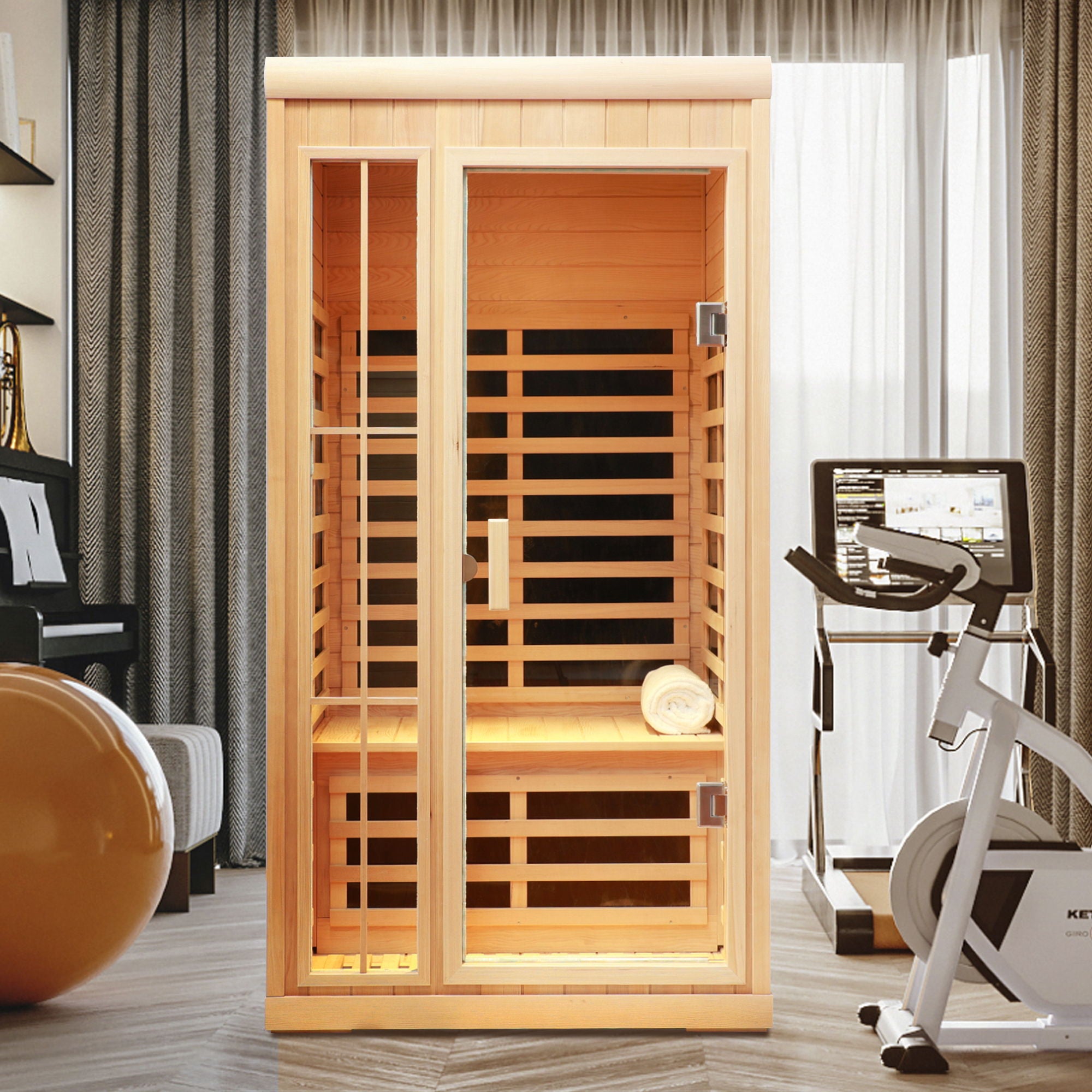 Deluxe Version Plus 1 Person Far Infrared Hemlock Sauna Room With LED Colour Lights - Natural