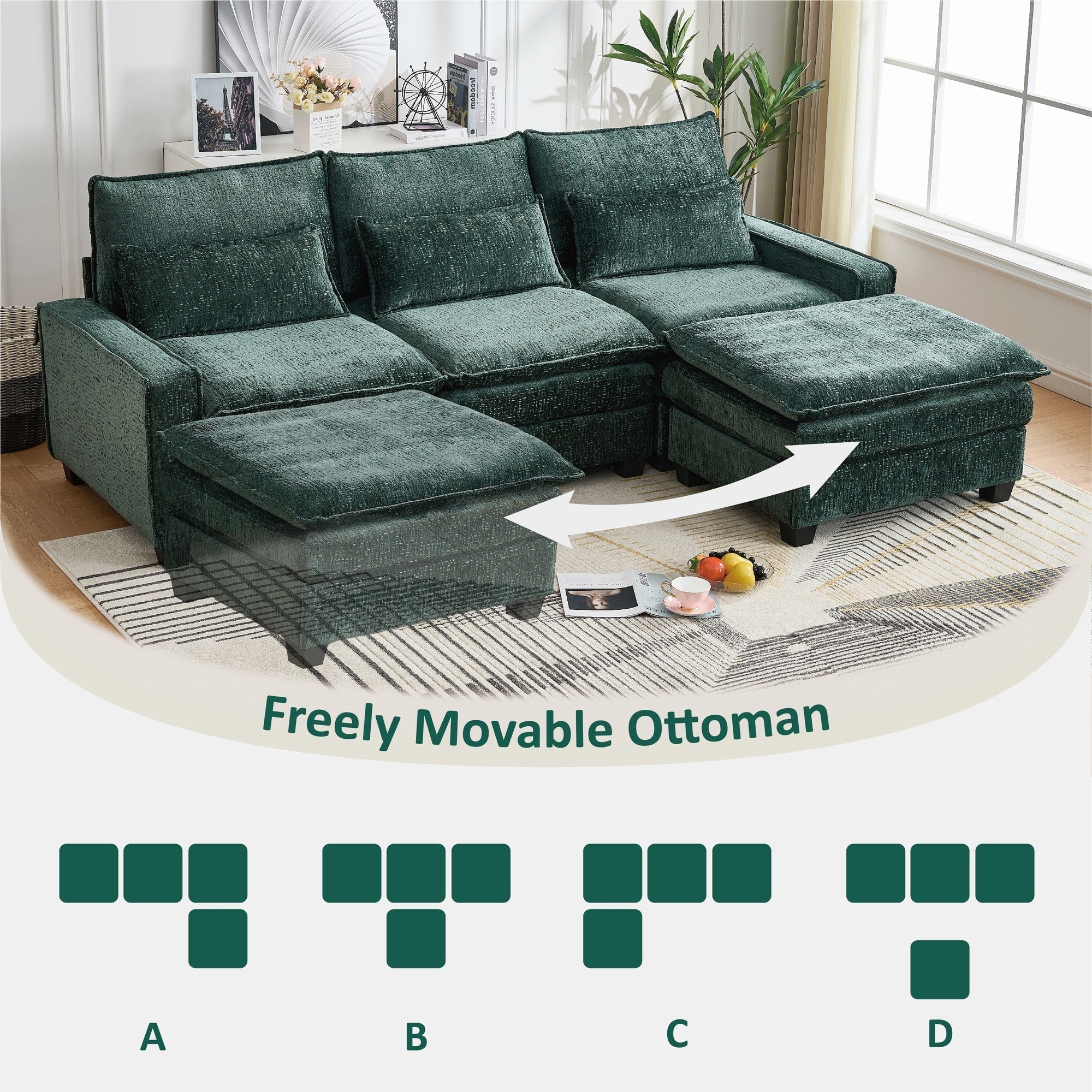 Modern Comfy Chenille L Shaped Sectional Sofa with Movable Ottoman