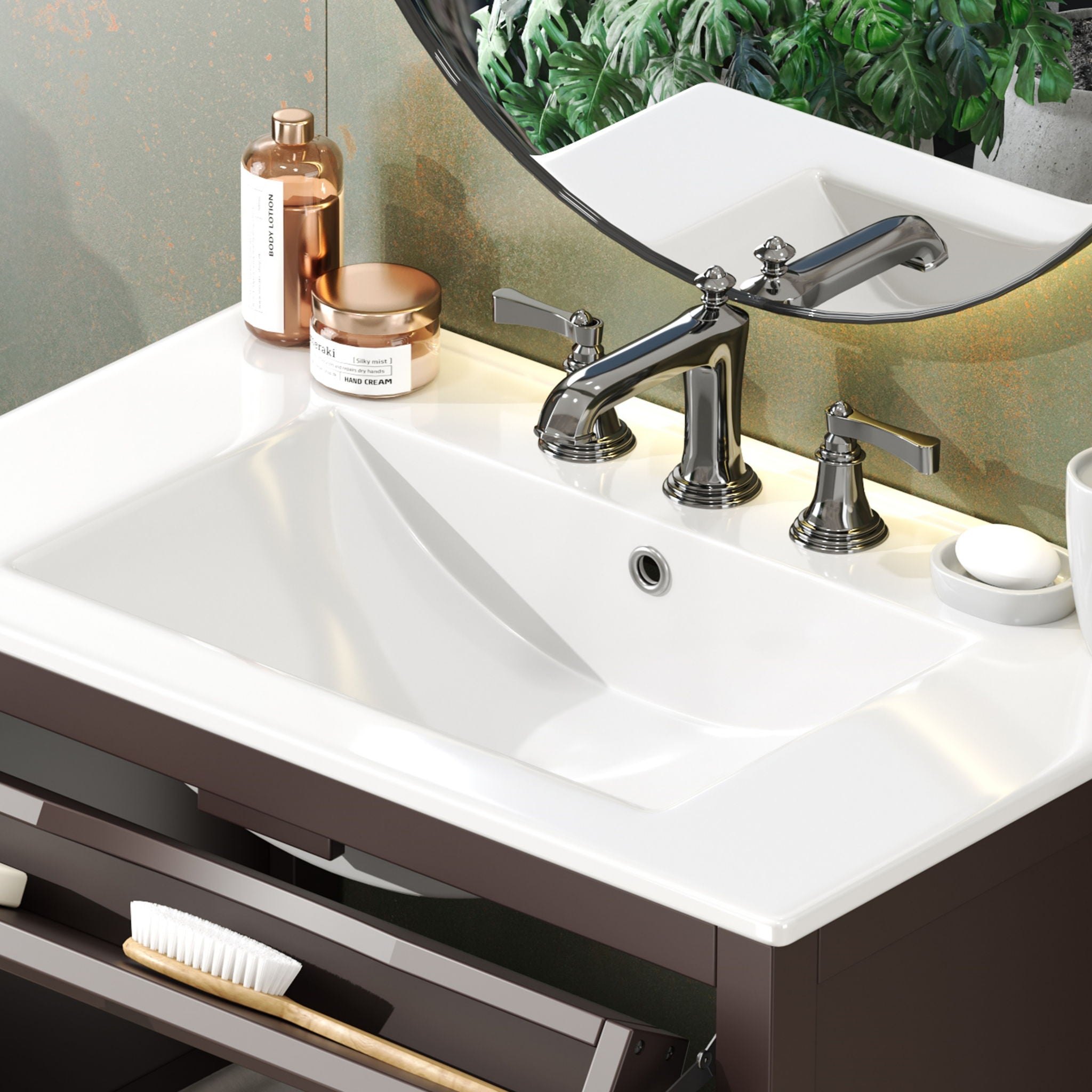 Bathroom Vanity With Ceramic Sink, Adjustable Shelf & Tip Out Tray