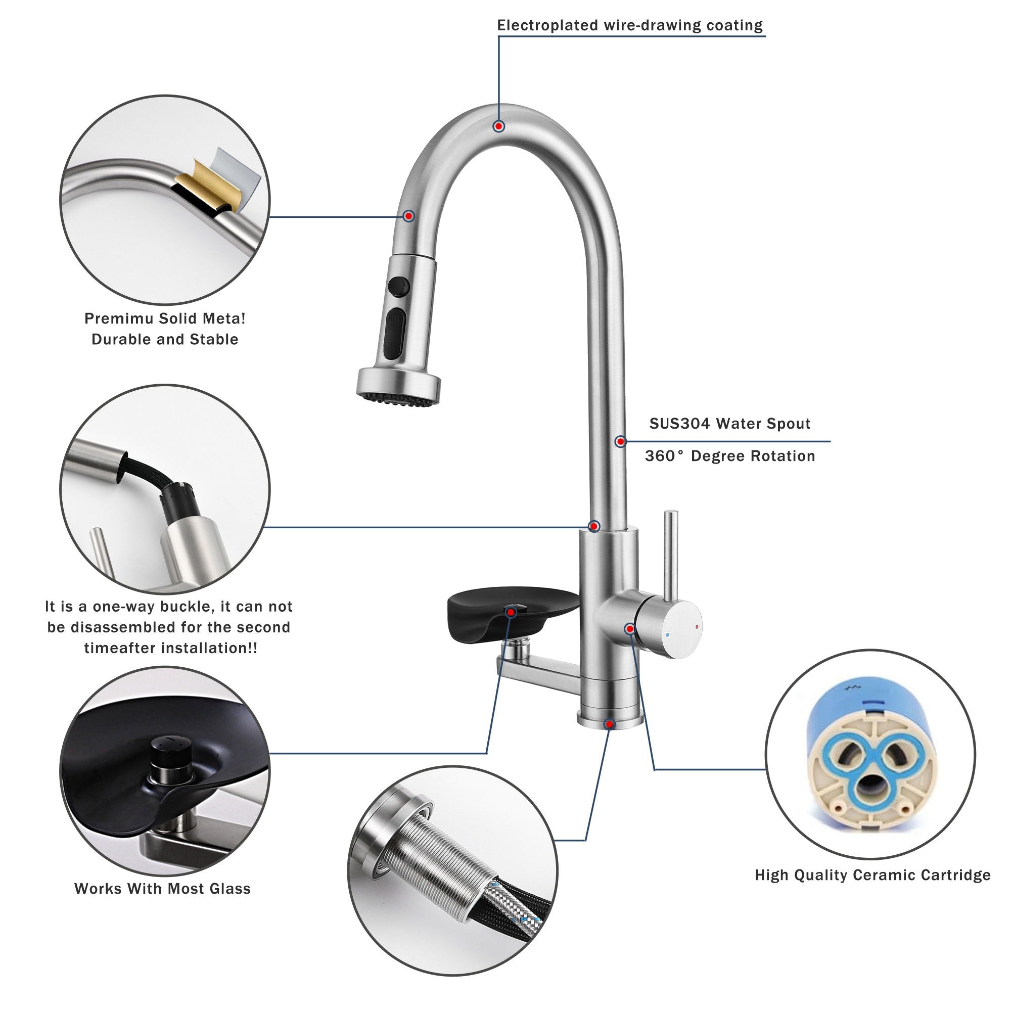 3 In 1 Kitchen Faucet With Press Type Glass Rinser, High Arc Pull Down Sprayer