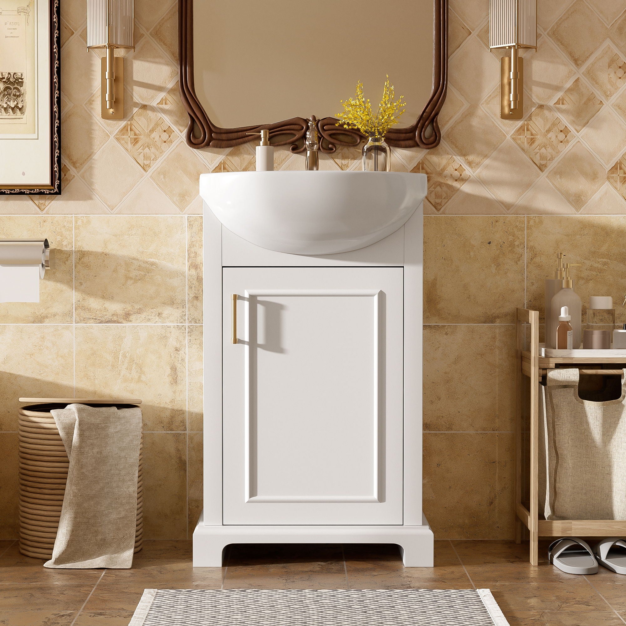 Bathroom Vanity With Bulged Sink, Cabinet, Soft-Close Door, Freestanding Single Unit
