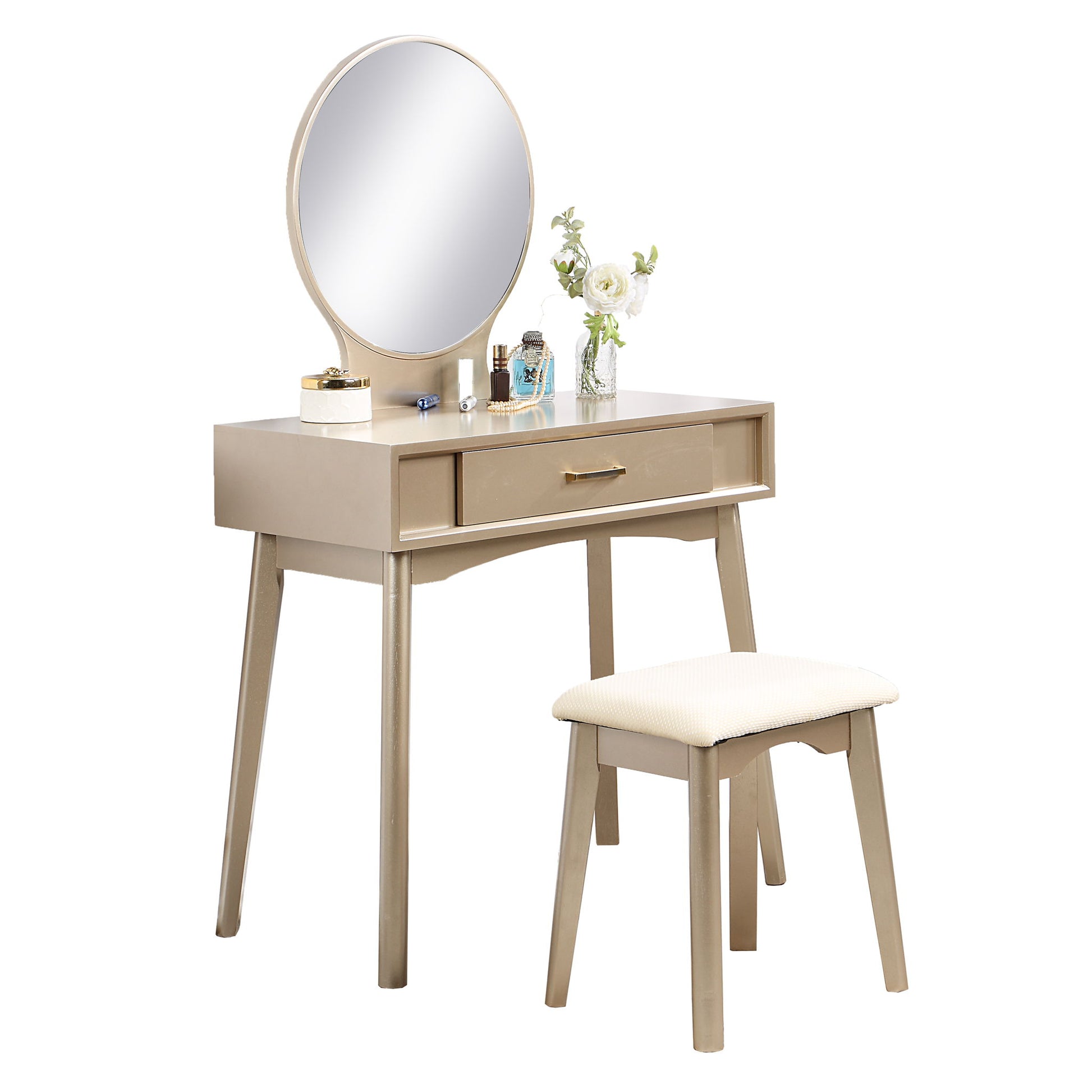 Maly - Contemporary Wood Vanity And Stool Set - Gold - Best Buy Furniture
