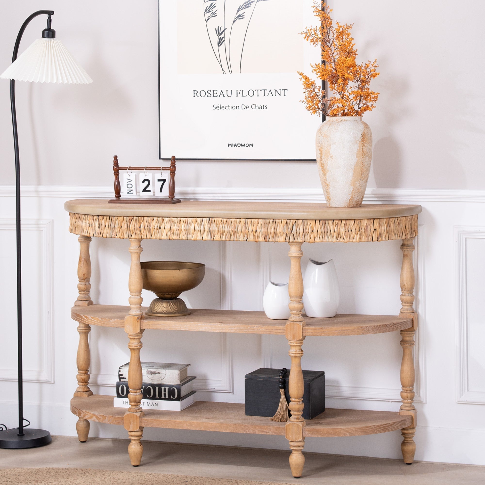 Handcrafted Wood Console Table with Hand-Woven Trim, 3-Tier Storage Shelves, Oval Entryway Table with Carved Legs, Rustic Coastal Farmhouse Accent Table, 49' Hallway Sofa Table