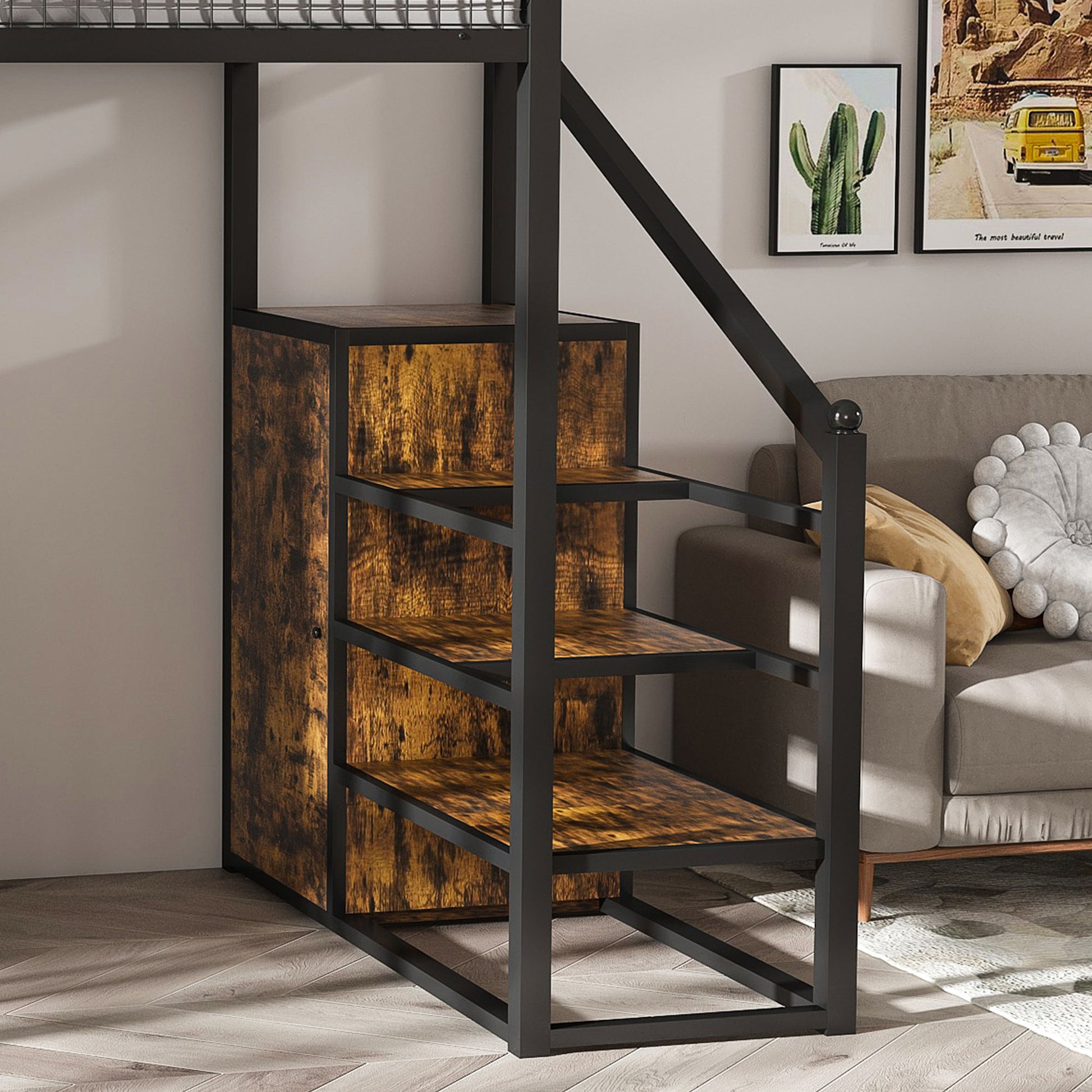 Full Size Loft Bed With Desk & Wardrobe Heavy Frame, Built In Staircase, Storage Rack & Shelves Gaming Bed - Black - Best Buy Furniture