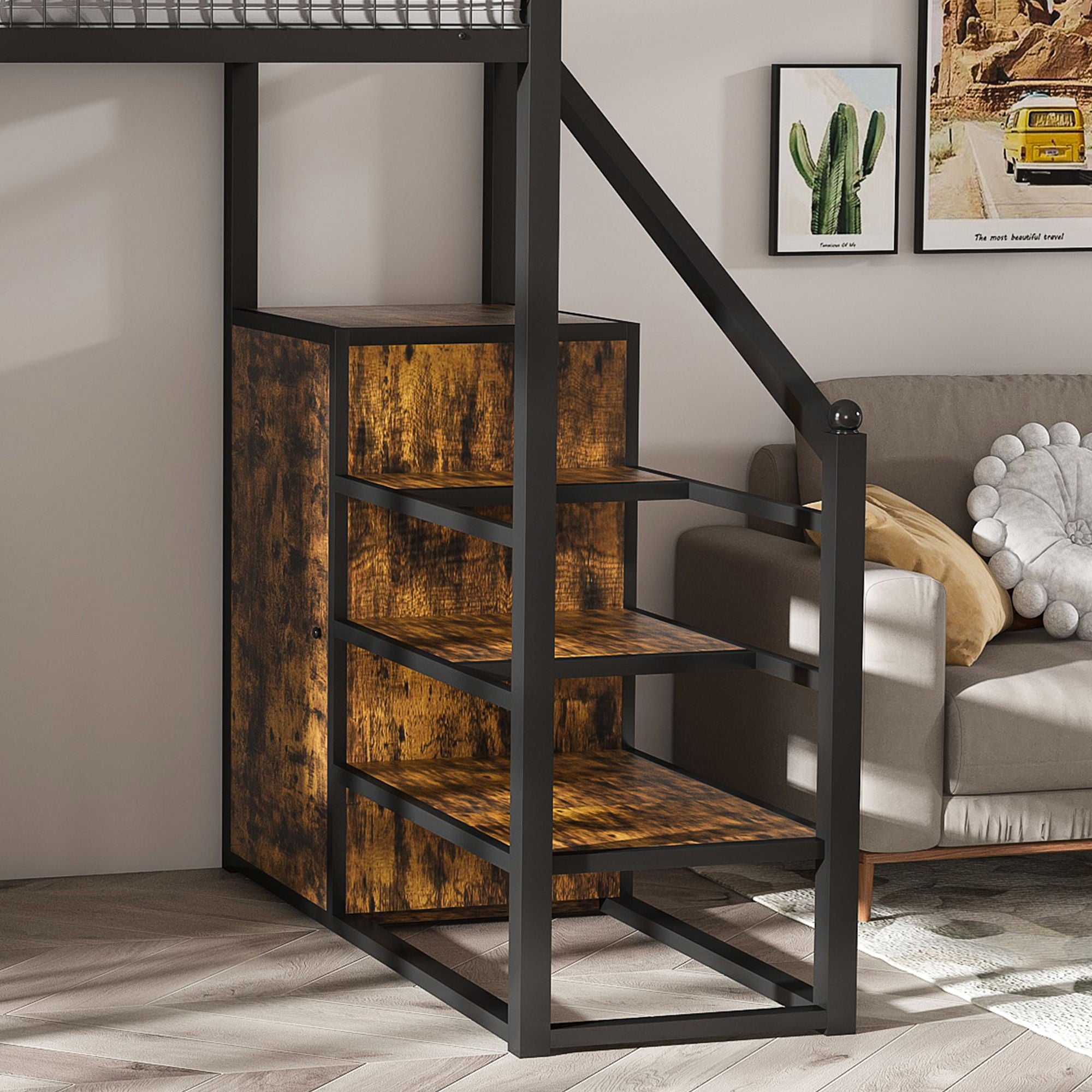 Full Size Loft Bed With Desk & Wardrobe Heavy Frame, Built In Staircase, Storage Rack & Shelves Gaming Bed - Black - Best Buy Furniture