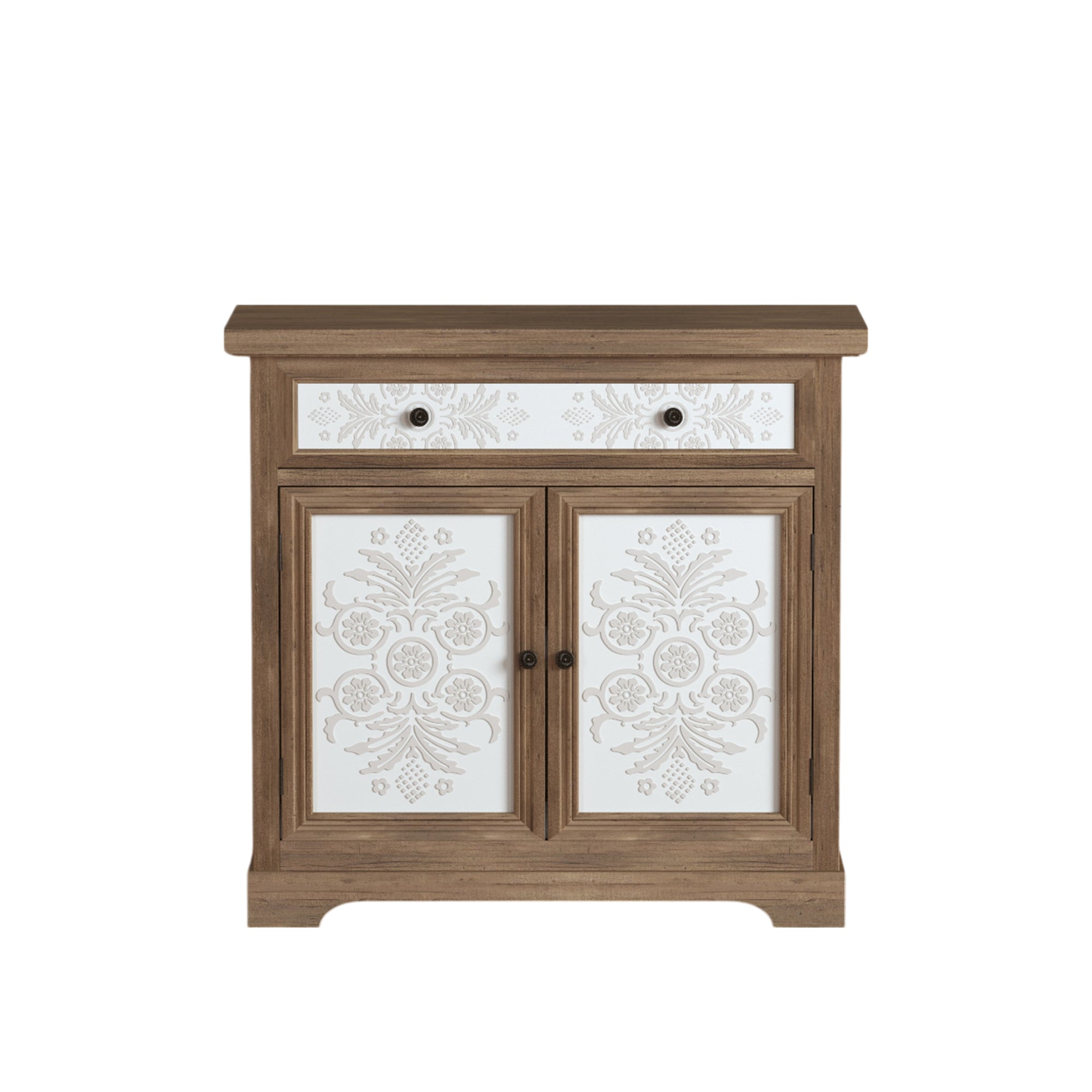 Rustic Vintage Accent Cabinet with Carved Floral Panels