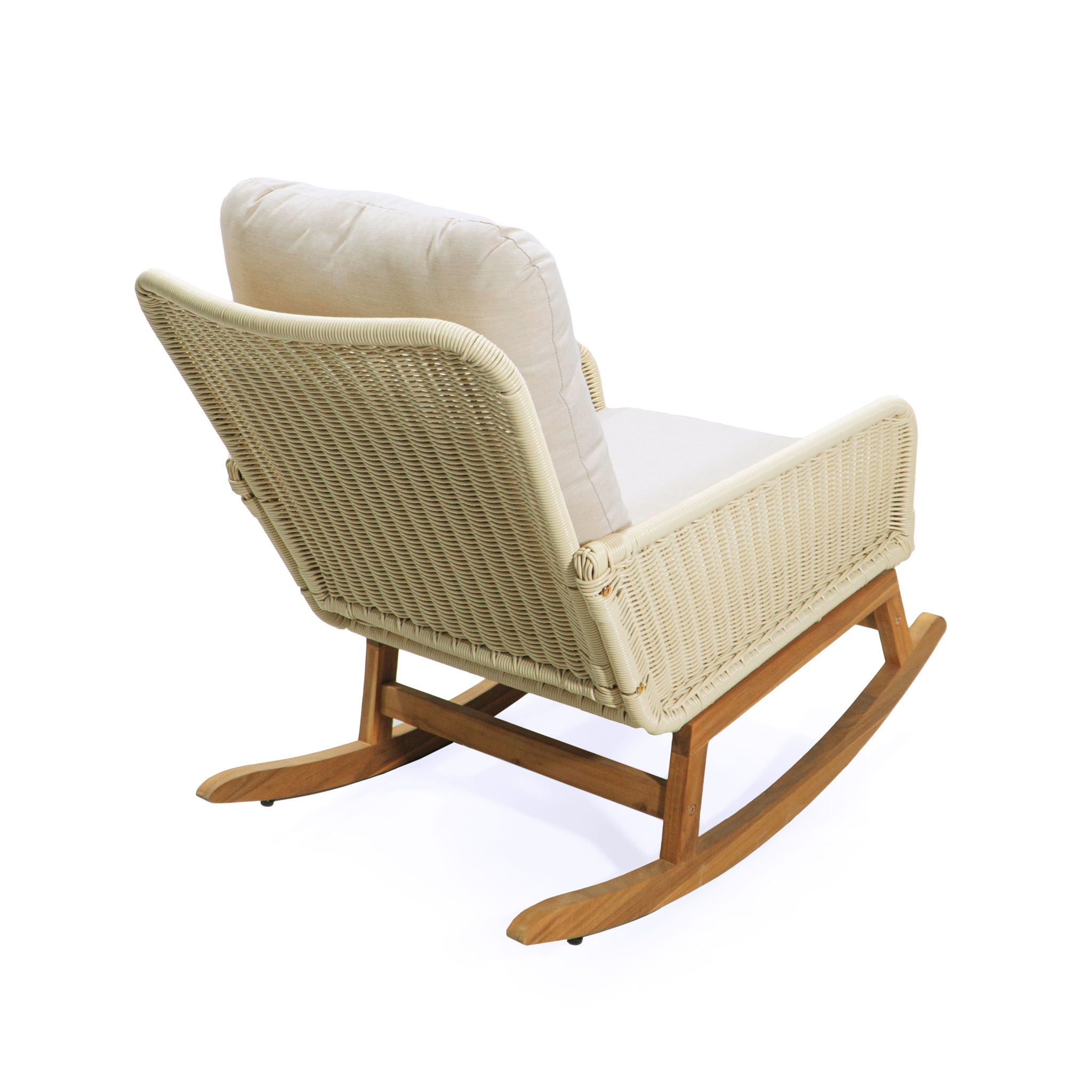 Cushioned Rattan Rocking Chairs With Wooden Accent Table Modern 3 Piece Outdoor Seating Set For Patio Relaxation - Ivory