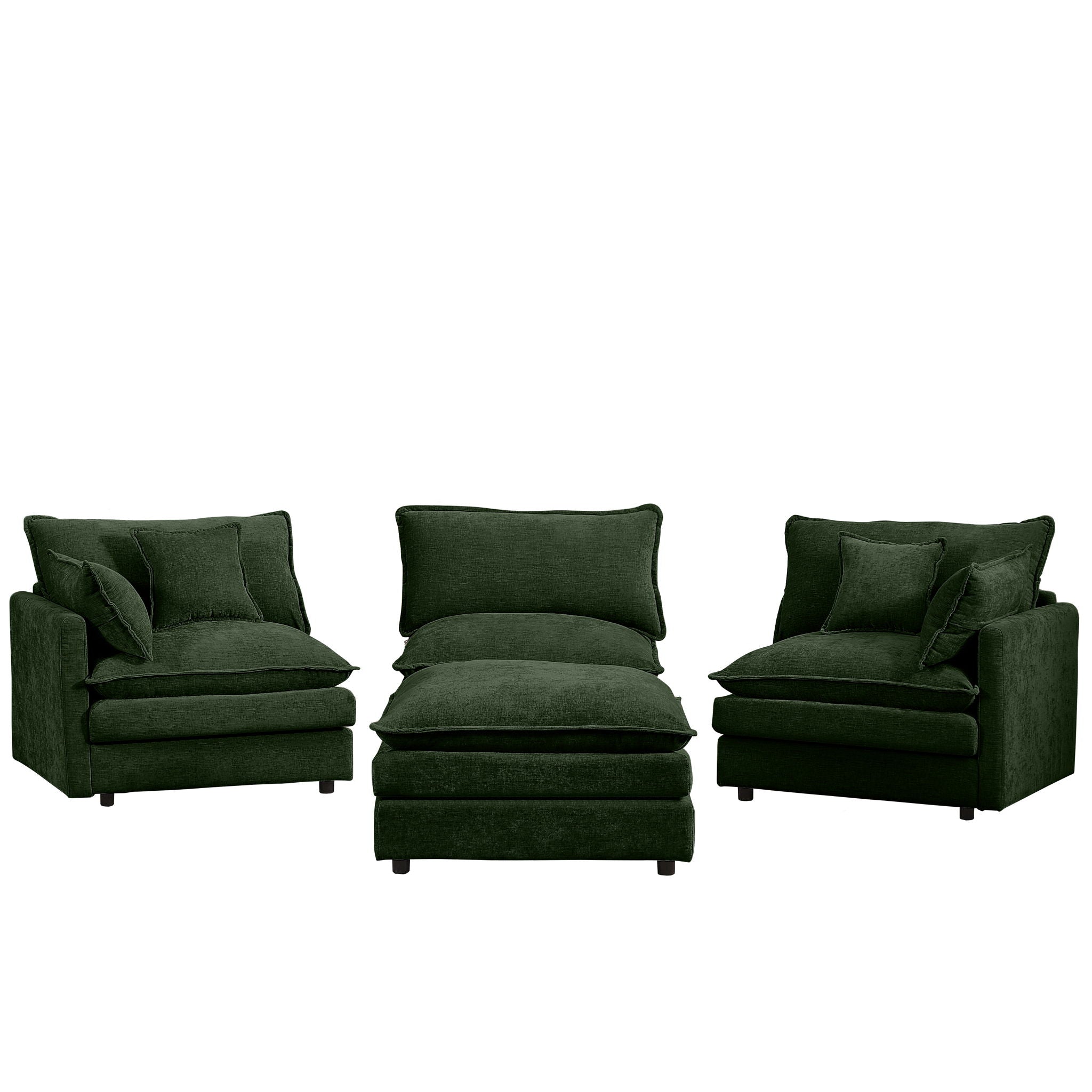 Modular Sectional Sofa 3 Seater L-Shaped Couch Set With Movable Ottoman - Green