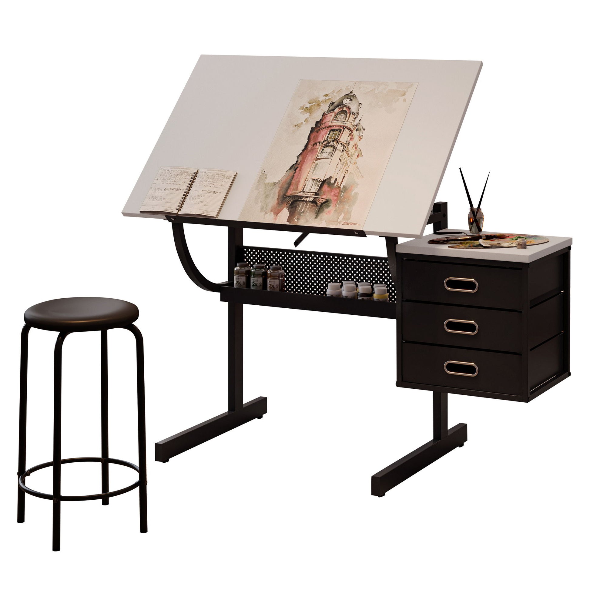 Adjustable Drafting Drawing Table With Stool And 3 Drawers - White / Black - Best Buy Furniture
