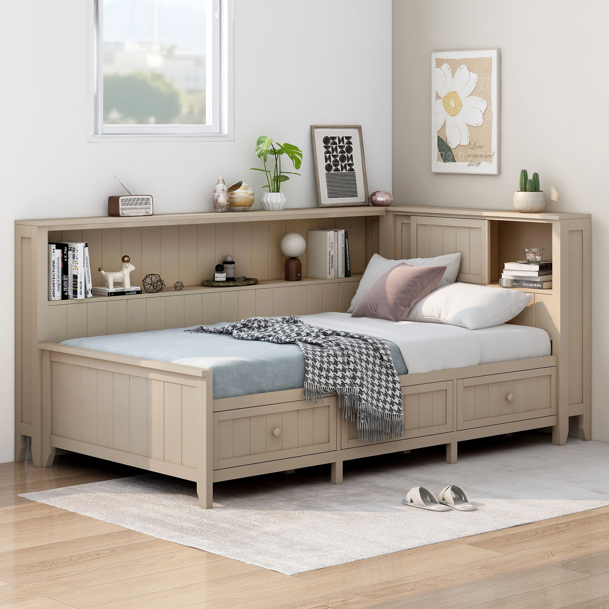 Daybed With Storage Shelves And 3 Drawers