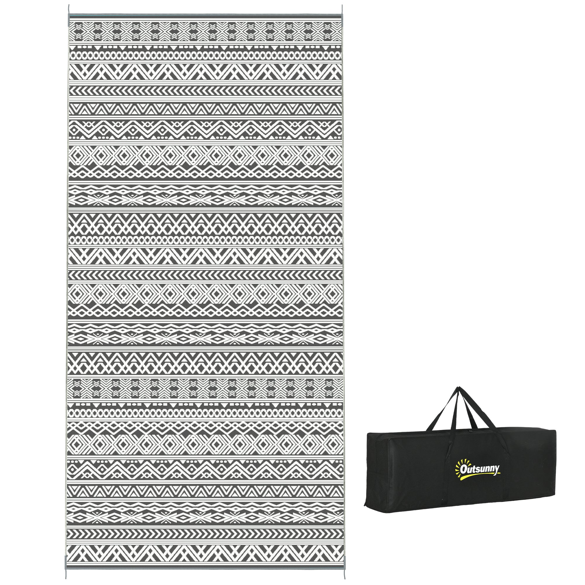 Reversible outdoor rug, 9' x 18' waterproof plastic straw floor mat, gray & cream white boho