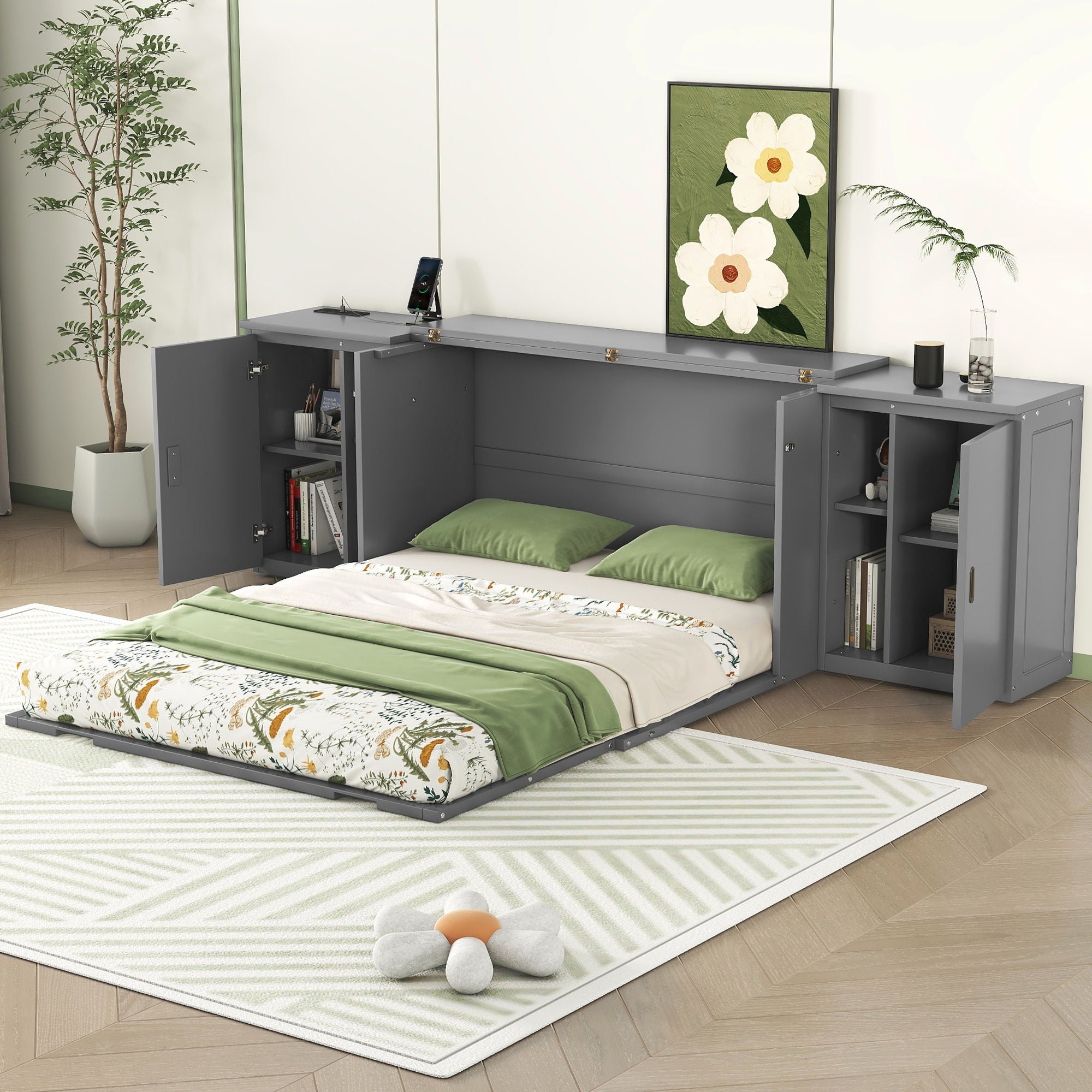 Murphy Bed With Shelves, Cabinets And USB Ports