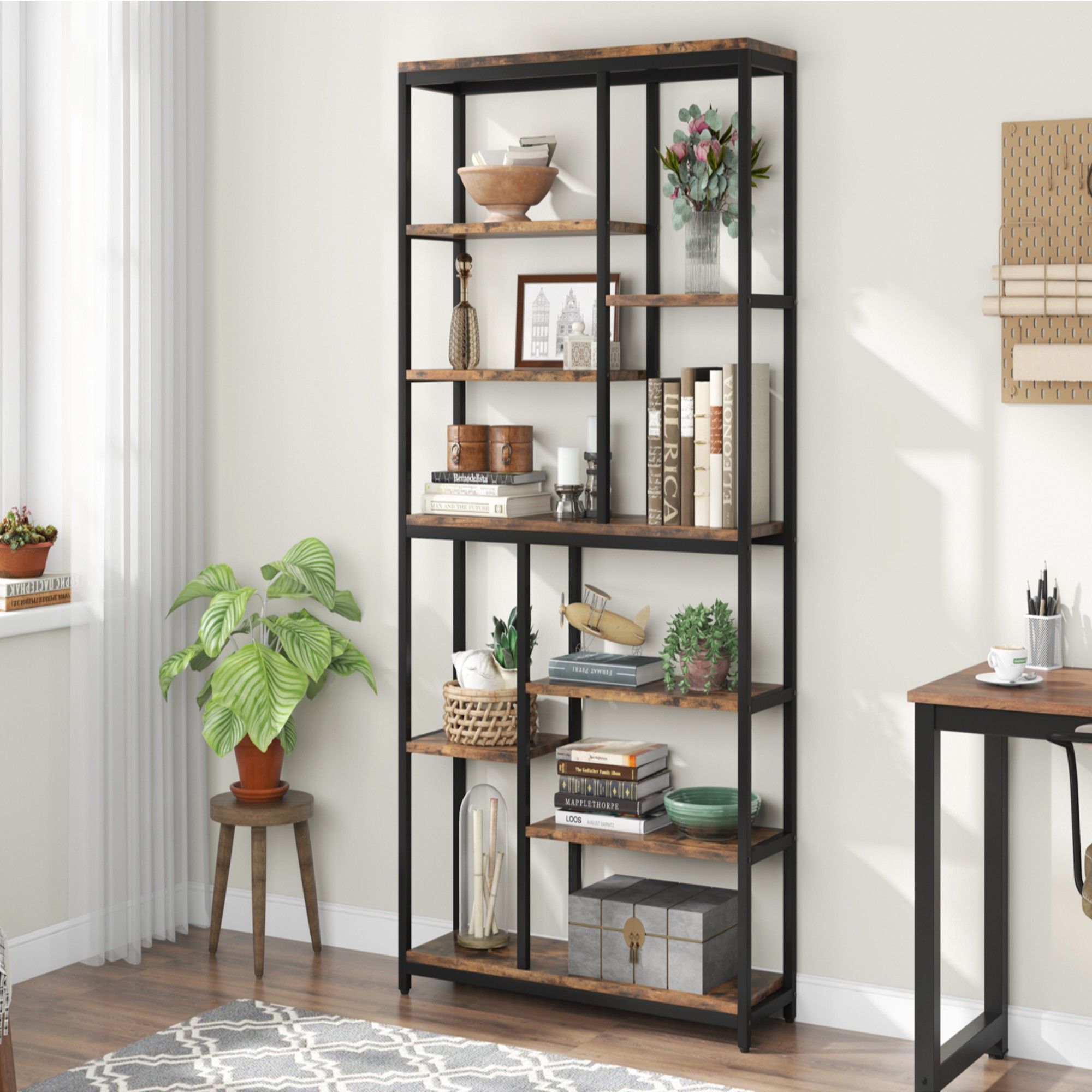 Extra Tall 8 Tier Staggered Etagere Bookcase With 8 Shelves Organizer For Living Room - Rustic Brown