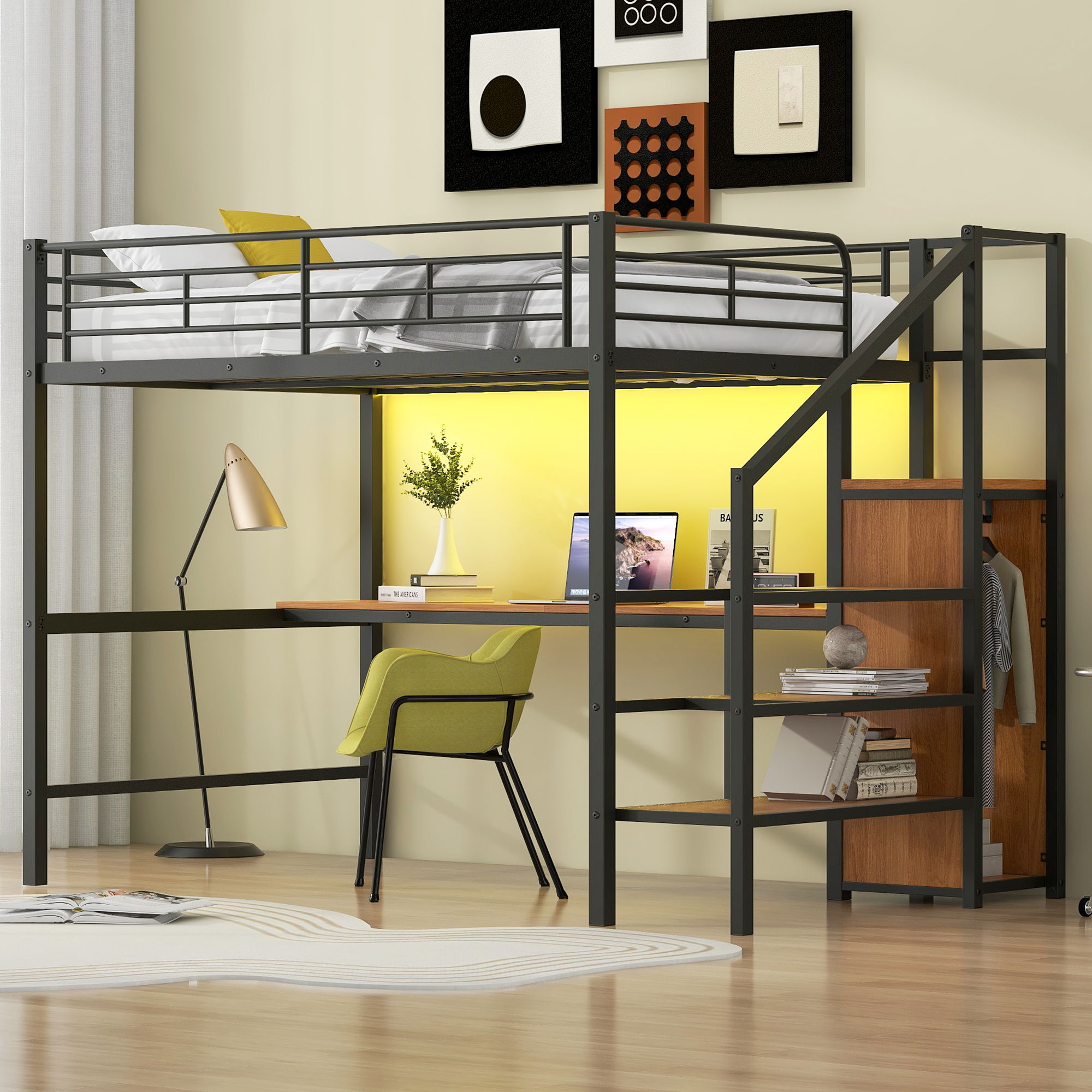Loft Bed With Desk, Storage Staircase, Small Wardrobe And LED Light