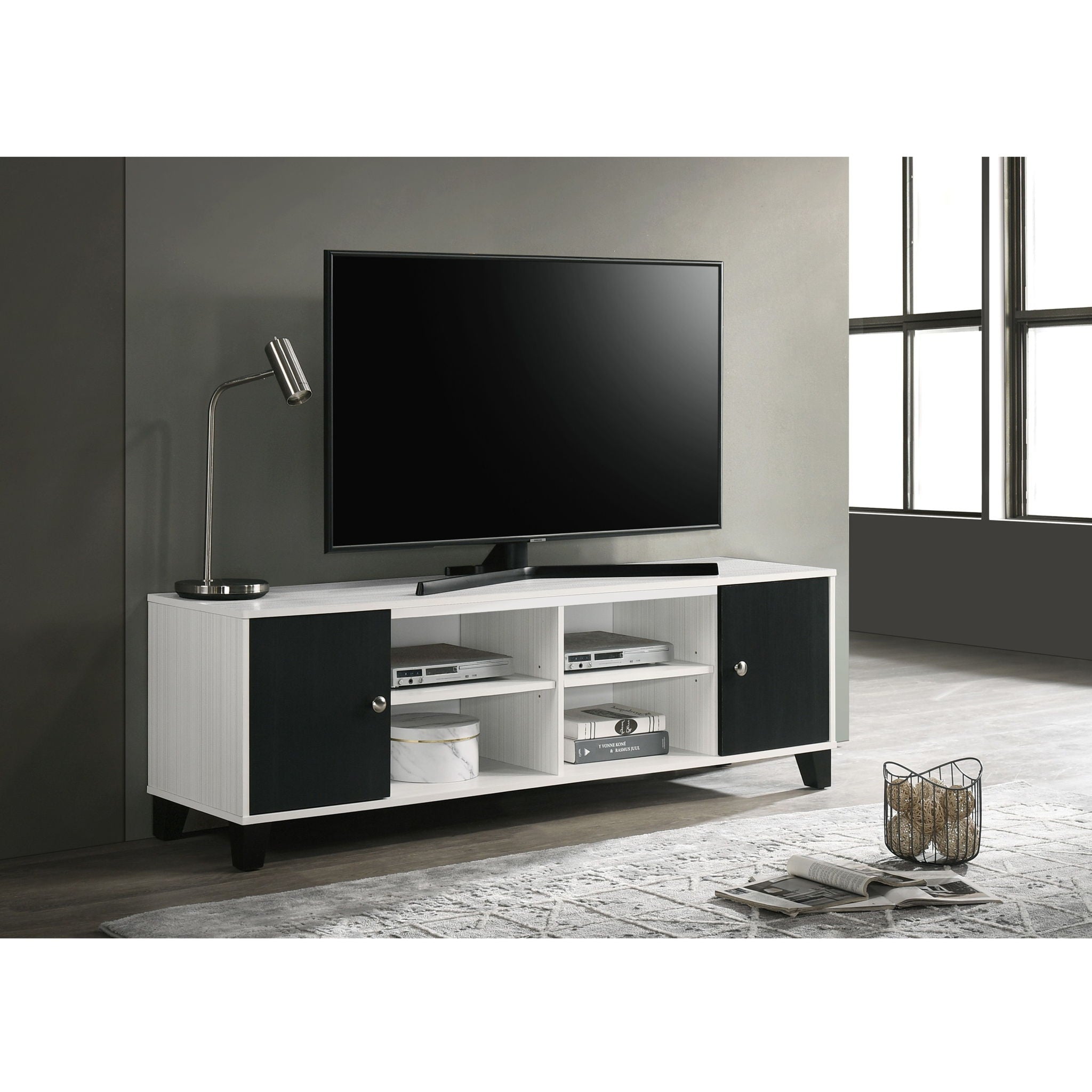2 Tone TV Stand With Open Shelving And Concealed Storage Living Room Furniture - Black / White