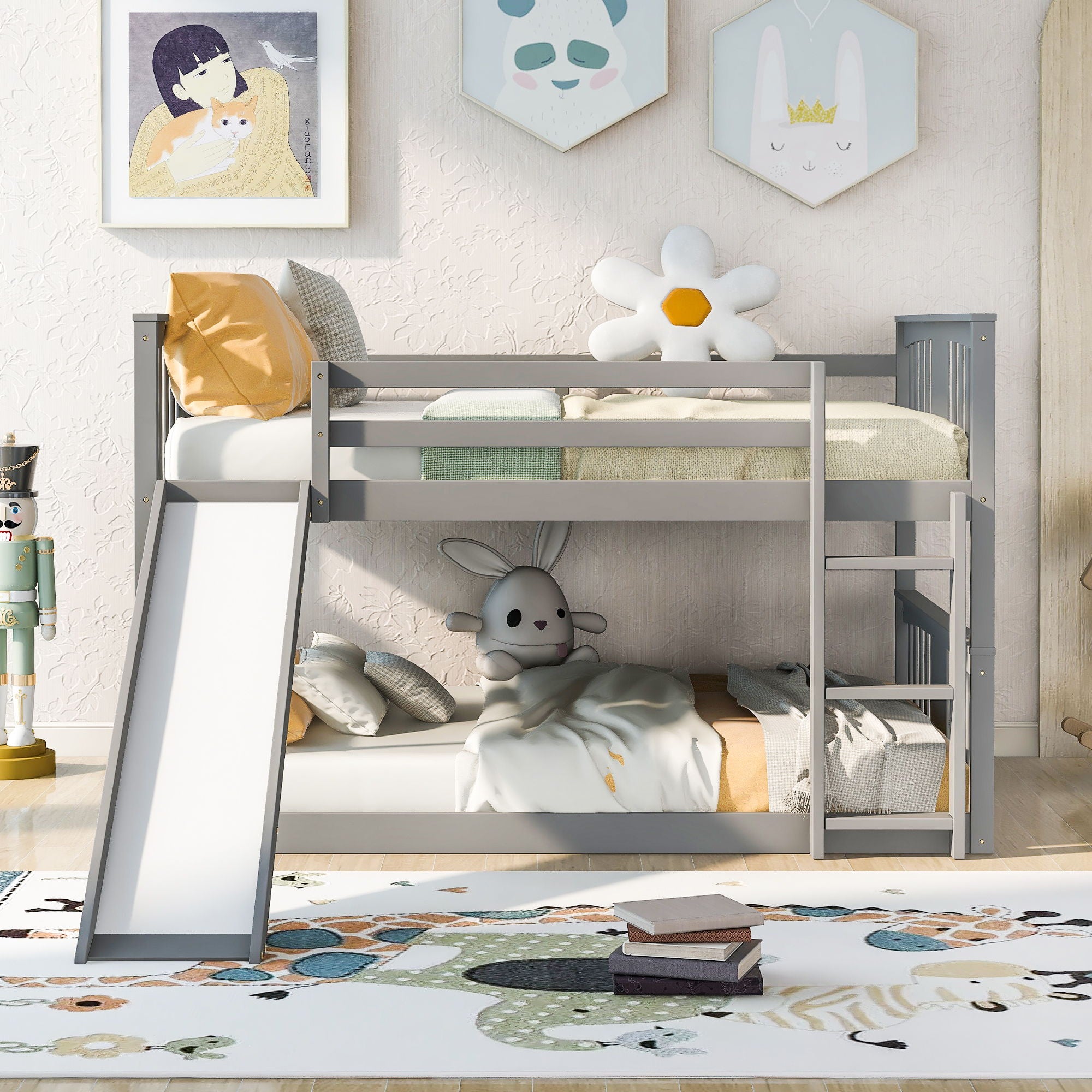 Full Over Full Bunk Bed With Ladder With Slide - Gray