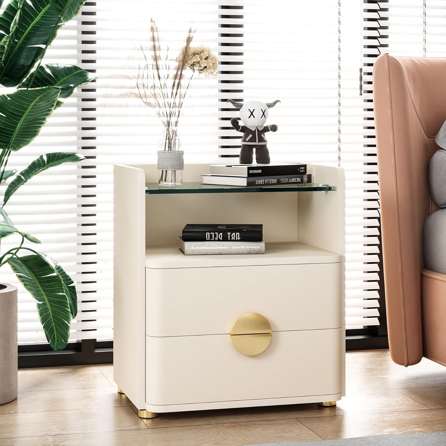 2 Drawer Nightstand With Open Shelf, Bedside Table - Beige
