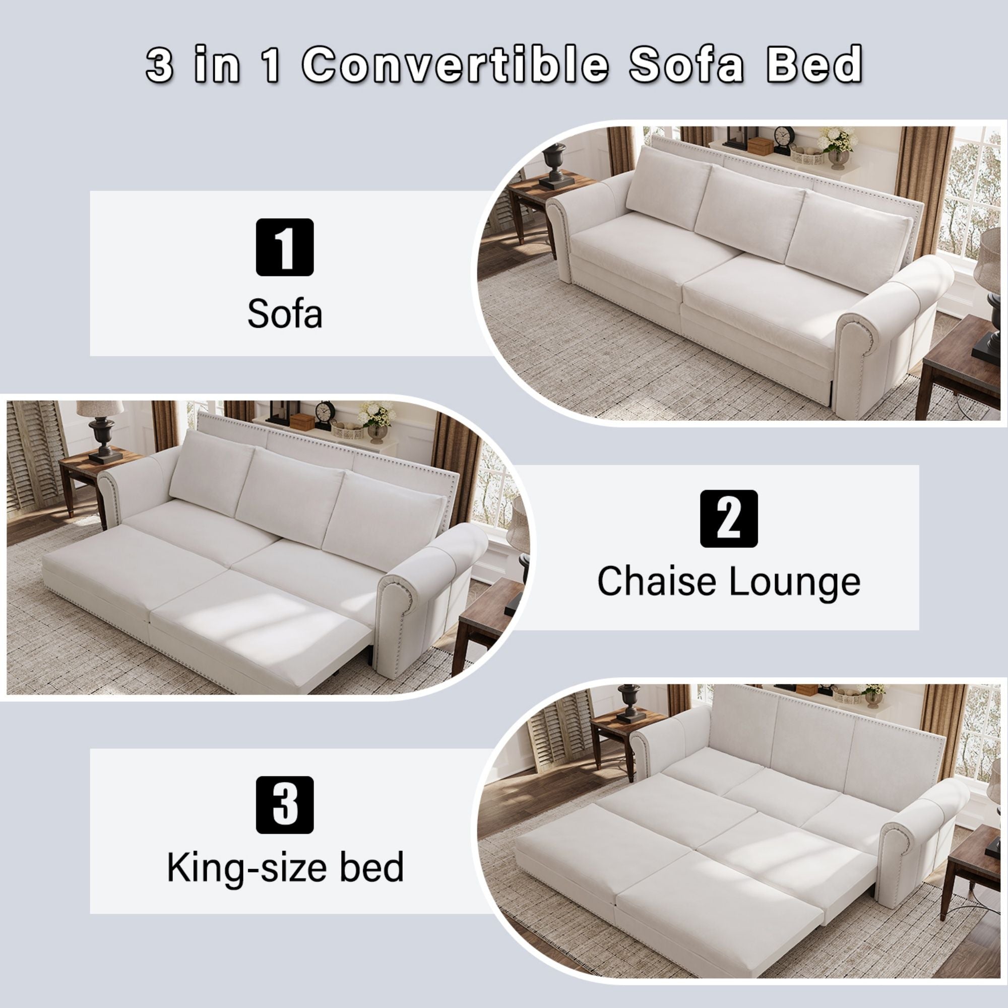 3 In 1 Convertible Sleeper Sofa With Nailhead Trim & Rolled Arm
