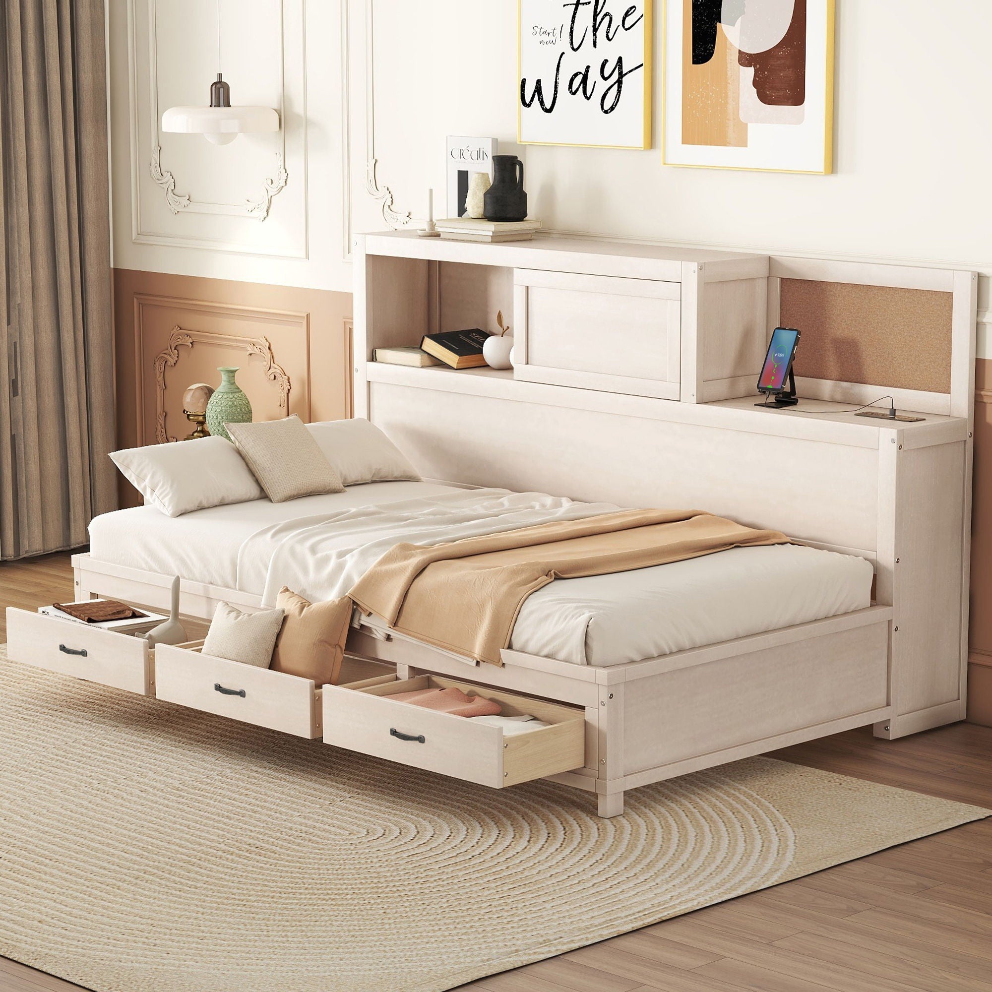 Twin Size Daybed With 3 Storage Drawers, Upper Soft Board, Shelf, And A Set Of Sockets And USB Ports - White