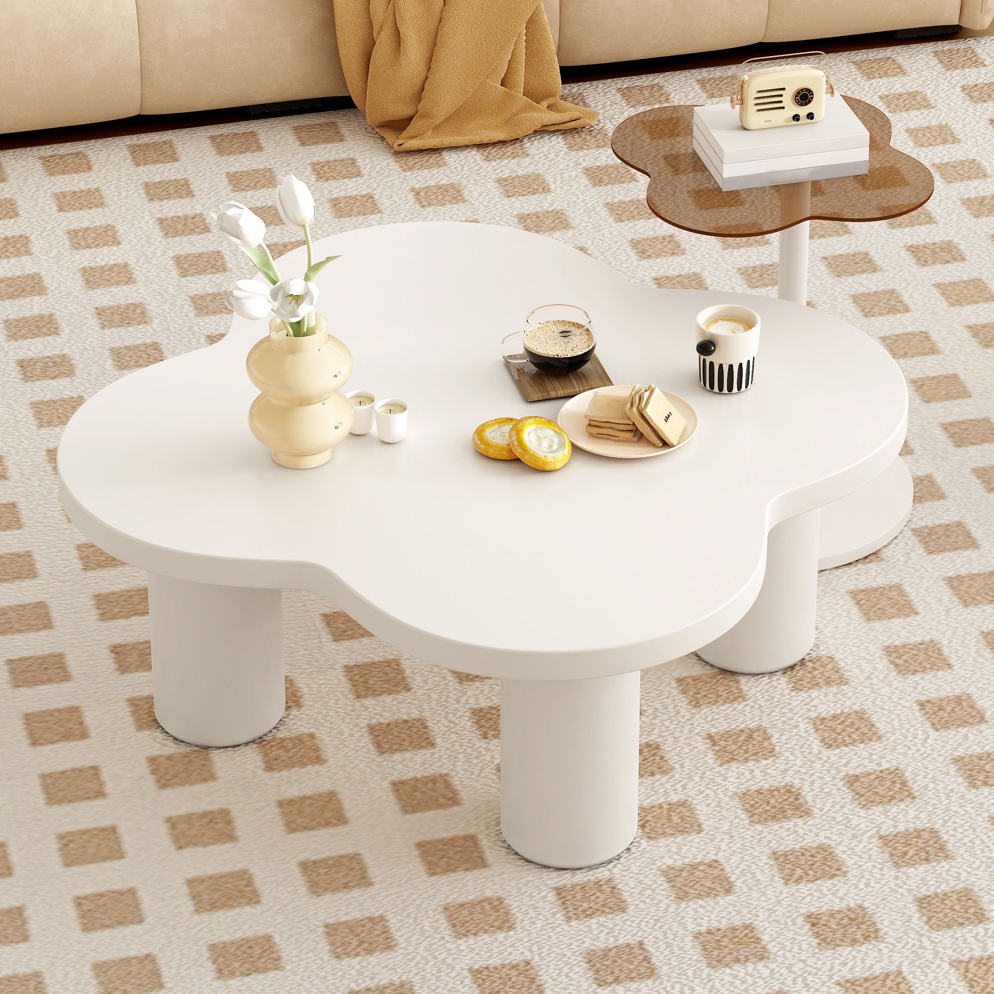 Modern Coffee Table (Set of 2), Irregular Shape Coffee Table With Four Roman Column Legs And End Table With Glass Top For Living Room - White