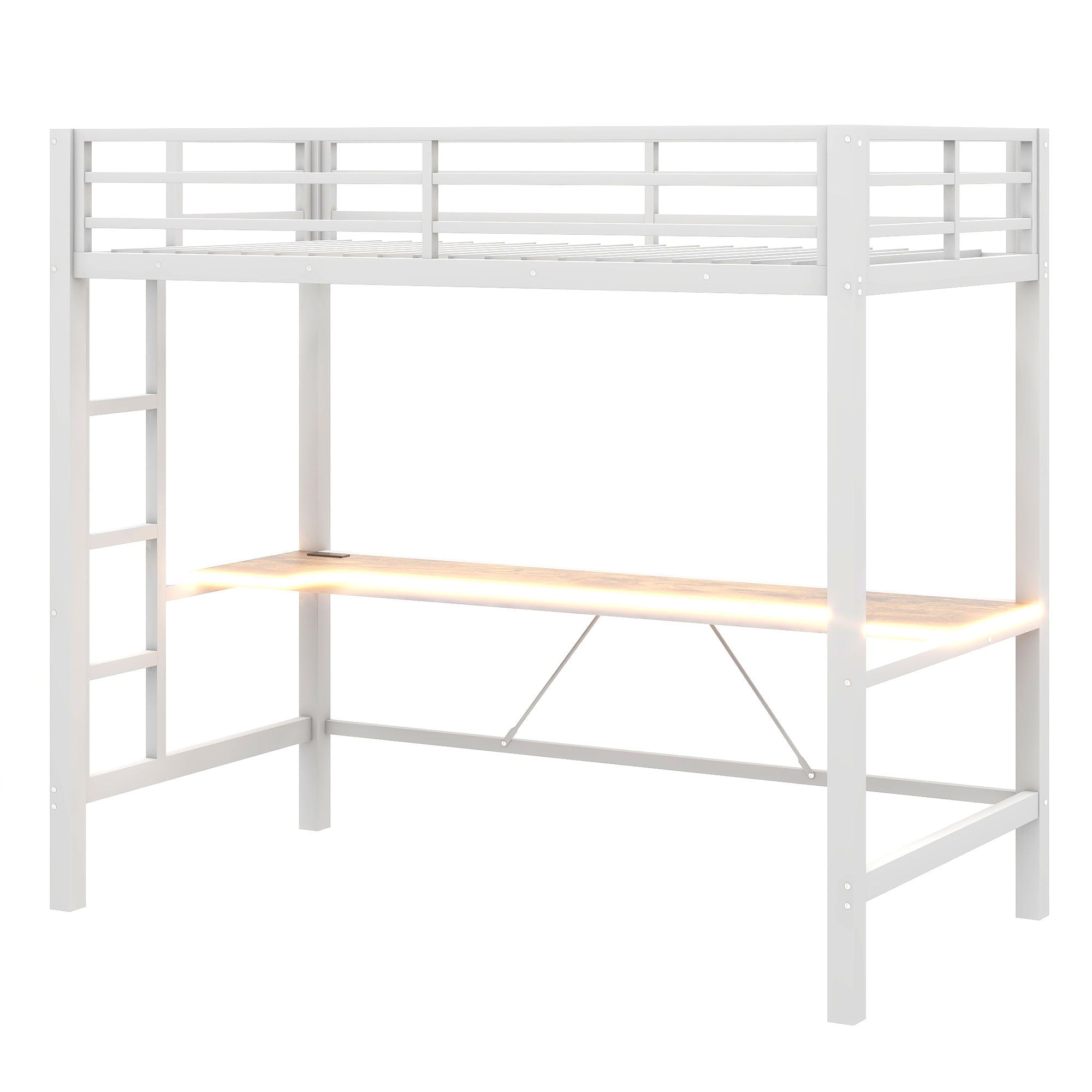 Gaming Metal Loft Bed Frame With LED Light, USB Charge Station And Desk